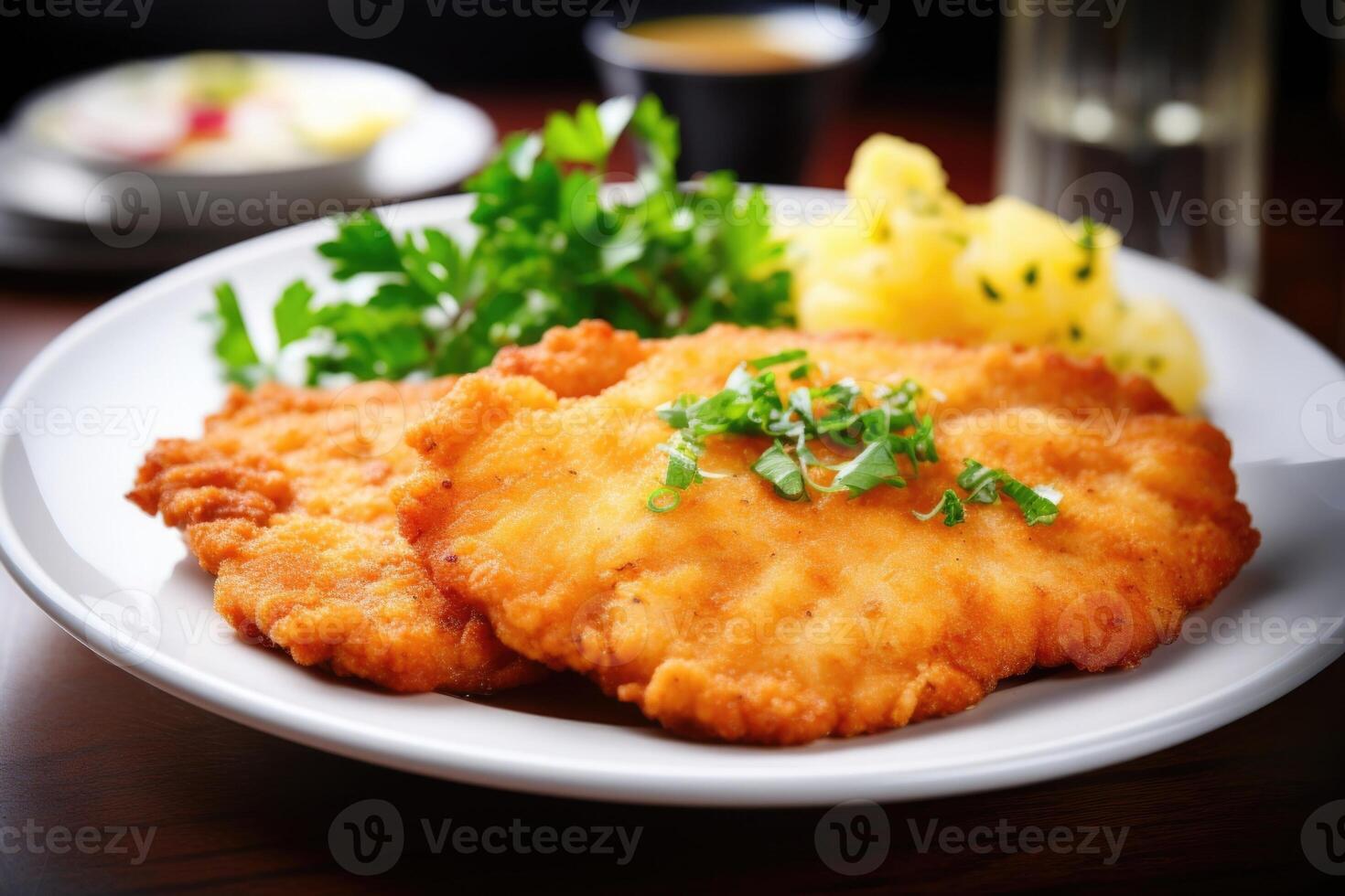 The golden hue of the Chicken Schnitzel evokes a sense of comfort and warmth, promising a delicious meal that is both visually appetizing and palatably satisfying. photo