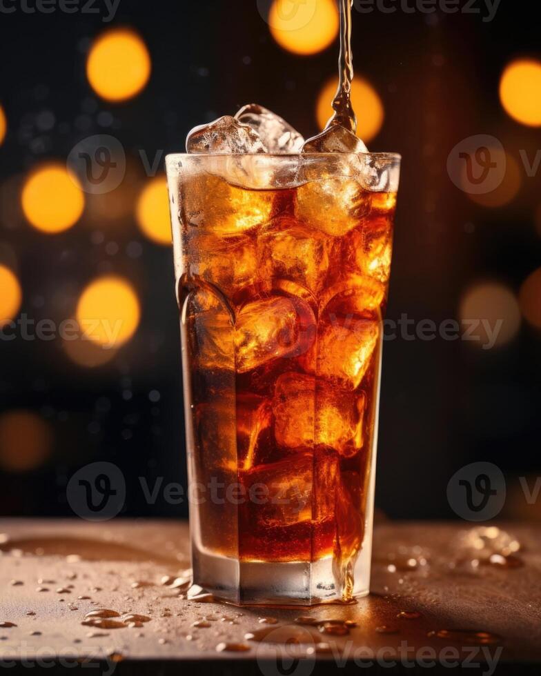 Zoomedin shot capturing the delicate caramel hue of cola as it gracefully fills the frame, invoking a sense of warm comfort and familiarity. photo