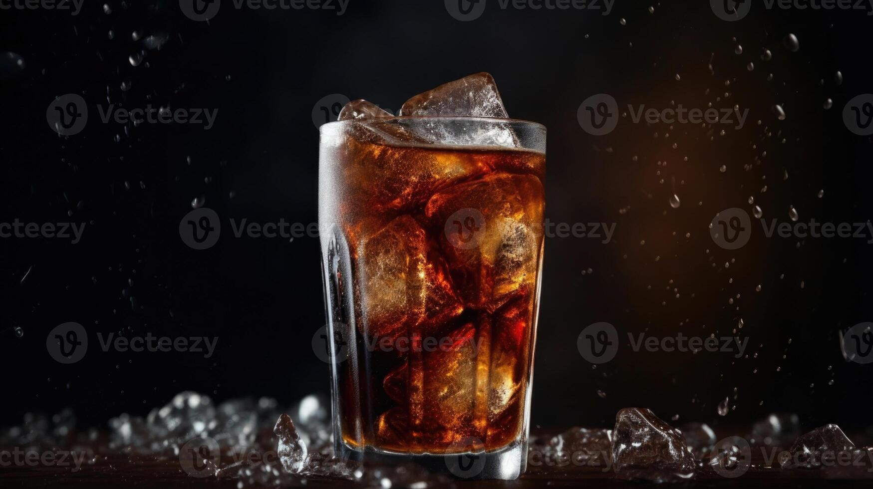 Diagonal shot displaying a glass of cola against a dark background, with a thin layer of frost forming on the surface, evoking a tempting and irresistible visual appeal. photo