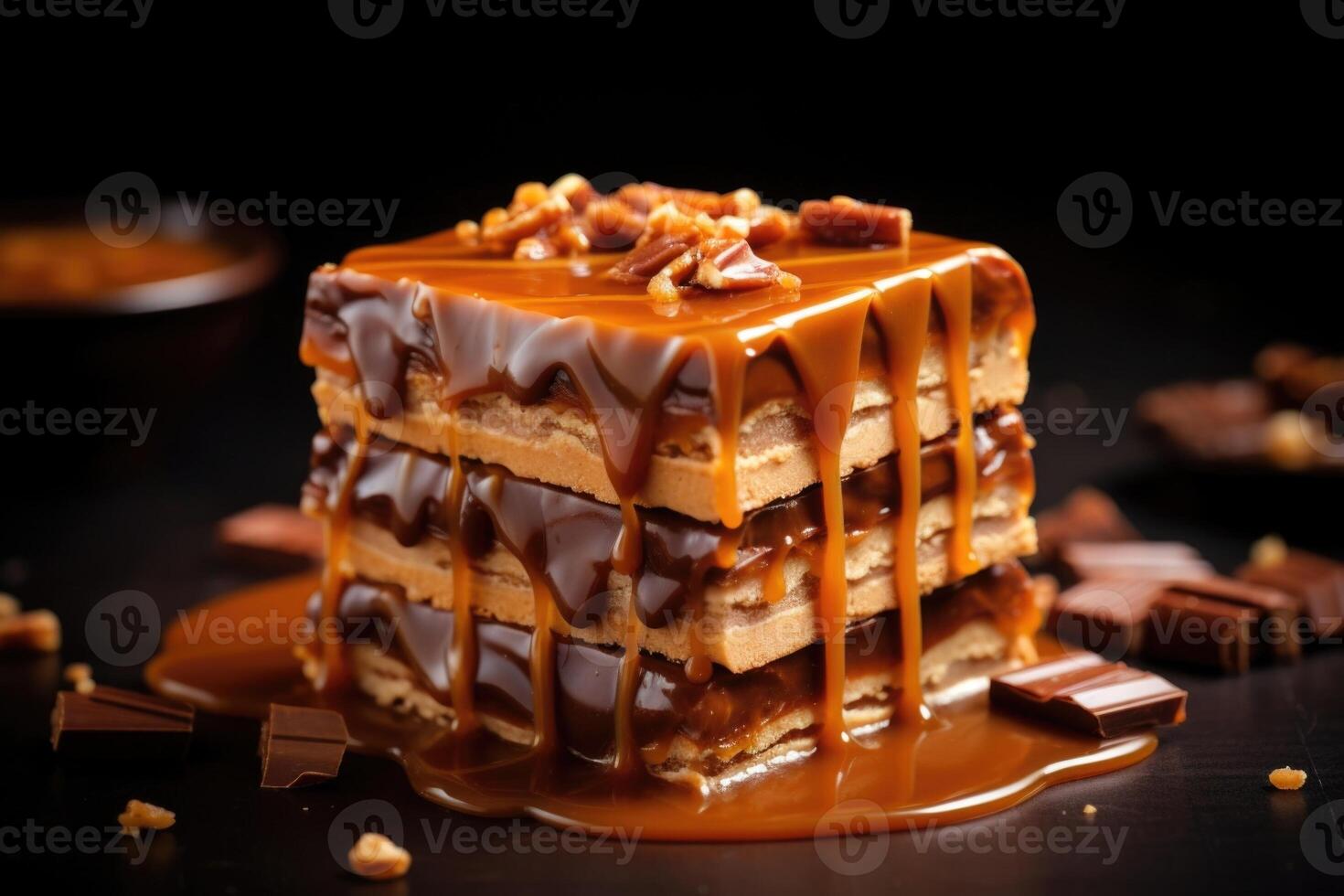 A decadent fusion of smooth peanut er and velvety caramel, creating a beautifully layered masterpiece, with an extra drizzle of salted caramel on top for an irresistible finish. photo