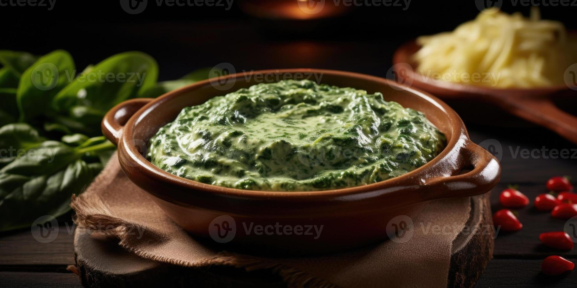 An alluring display of creamed spinach, the velvety texture of the cream sauce delicately coating tender spinach leaves, each mouthful an exquisite blend of silkiness and freshness. photo