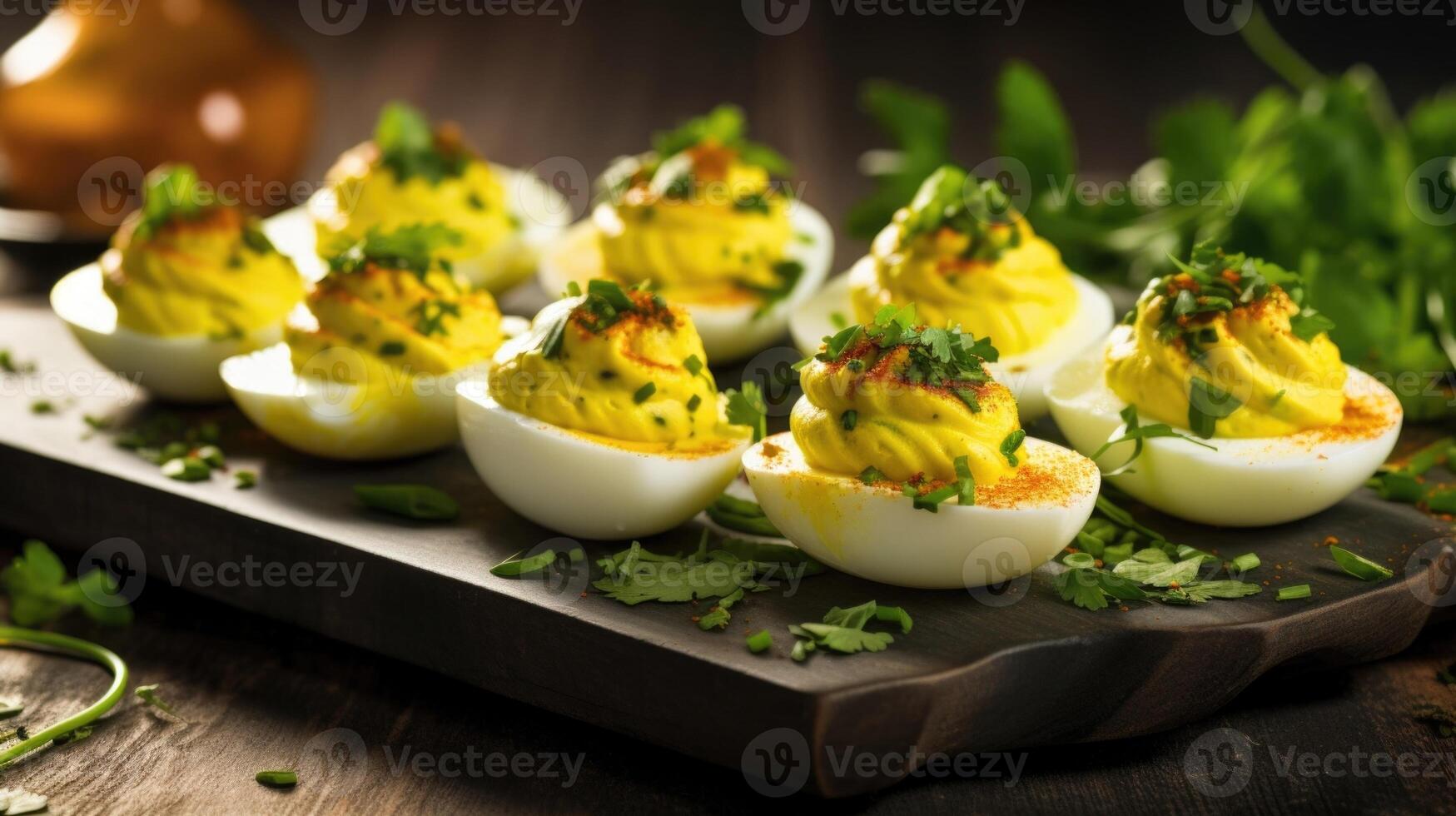 These deviled eggs flaunt a tantalizing twist on the classic recipe. With a pinch of curry powder blended into the creamy yolk mixture, they boast a warm and slightly y flavor. Topped photo