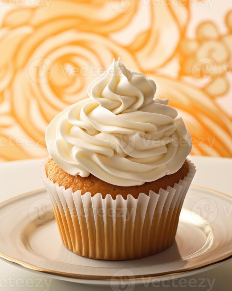 A tantalizing image focusing on the intricate piping detail of a carrot cake cupcake. The intricate swirls of cream cheese frosting adorn the fluffy cupcake, offering a delightful blend photo