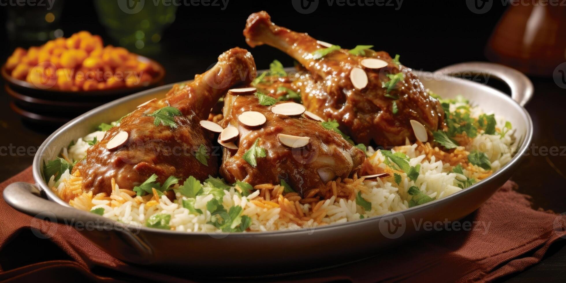 A symphony of flavors comes together as tender lamb shanks, cooked to perfection in a luscious curry sauce, are centered amidst a colorful array of aromatic basmati rice, toasted almonds, photo