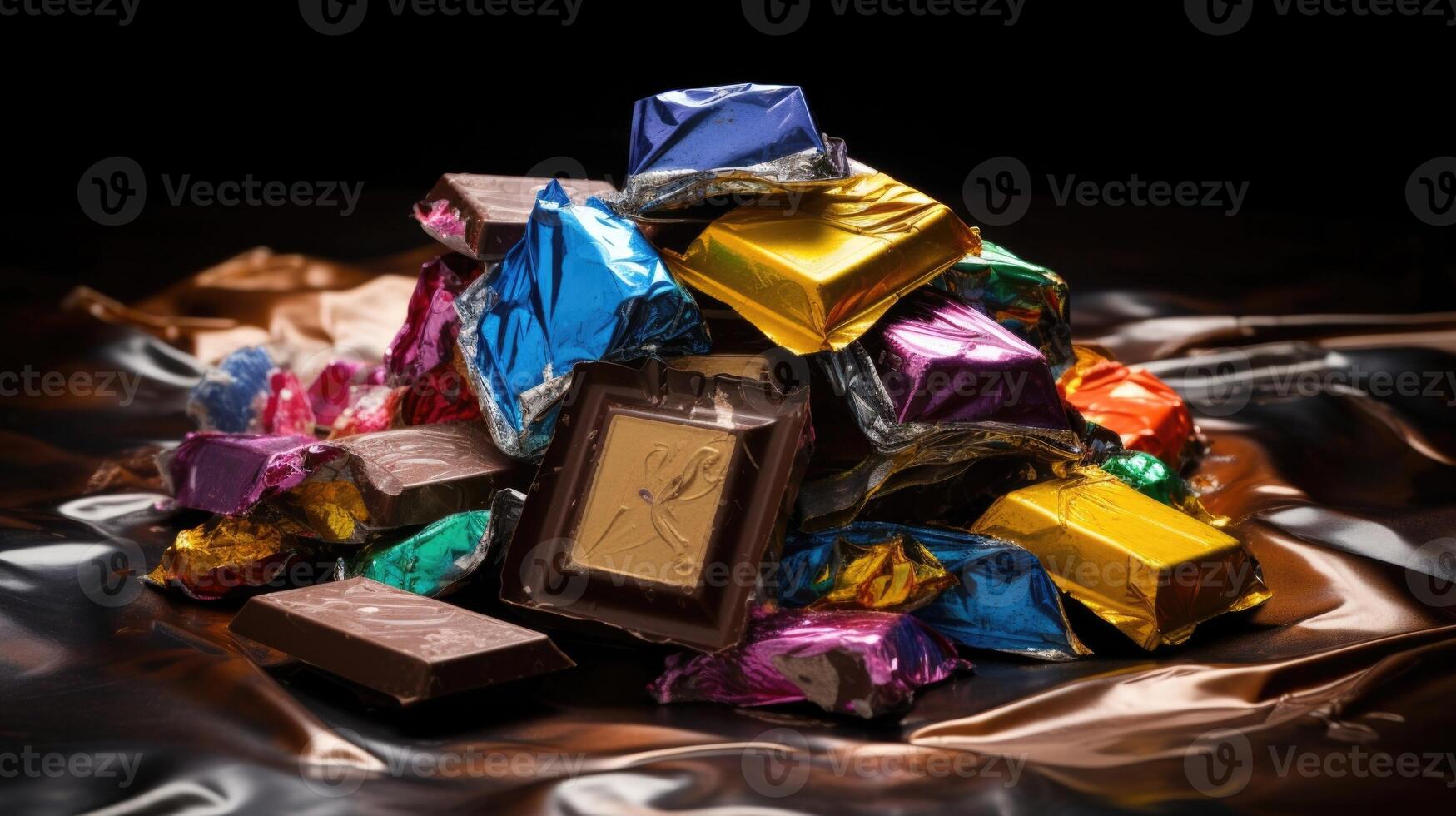 In a creative composition, the camera captures a composition of chocolate gelt interspersed with vibrant, colorful wrappers, creating an enticing contrast of textures and flavors. photo