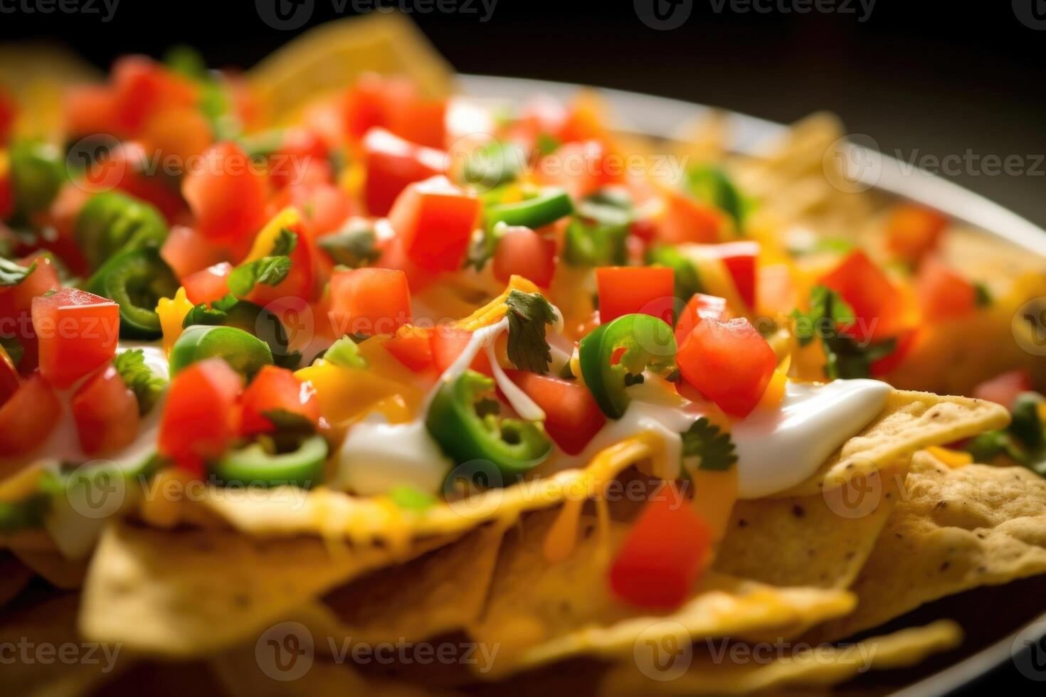 An enticing topdown shot of delectable nachos, featuring a colorful medley of fresh diced tomatoes, vibrant green onions, and fragrant minced jalape os all harmoniously nestled on a bed photo