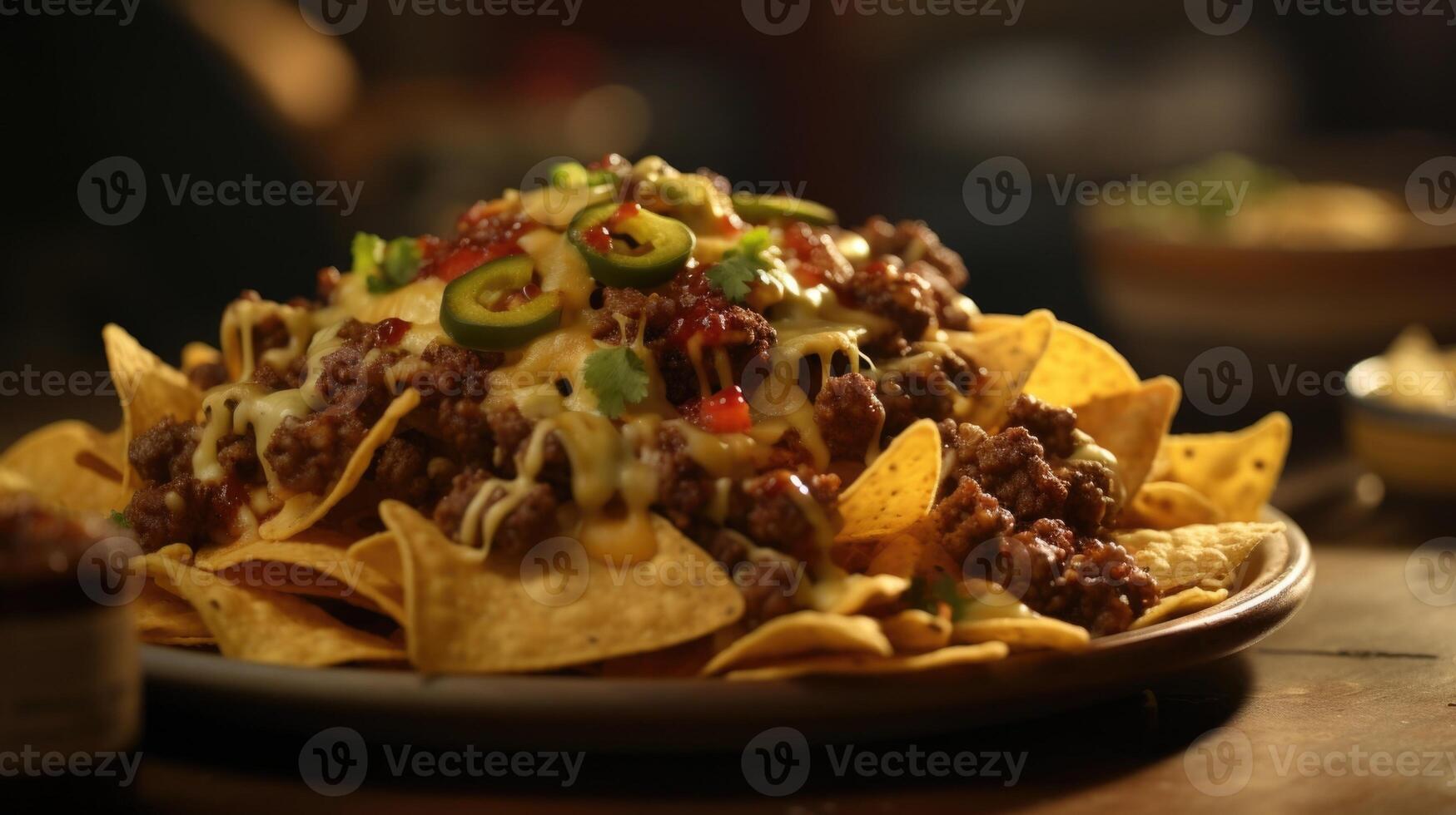 A tempting closeup image of mouthwatering nachos, piled high with chunks of succulent seasoned ground beef, fiery chipotleinfused sauce, and a sprinkle of sharp cheddar cheese, resulting photo