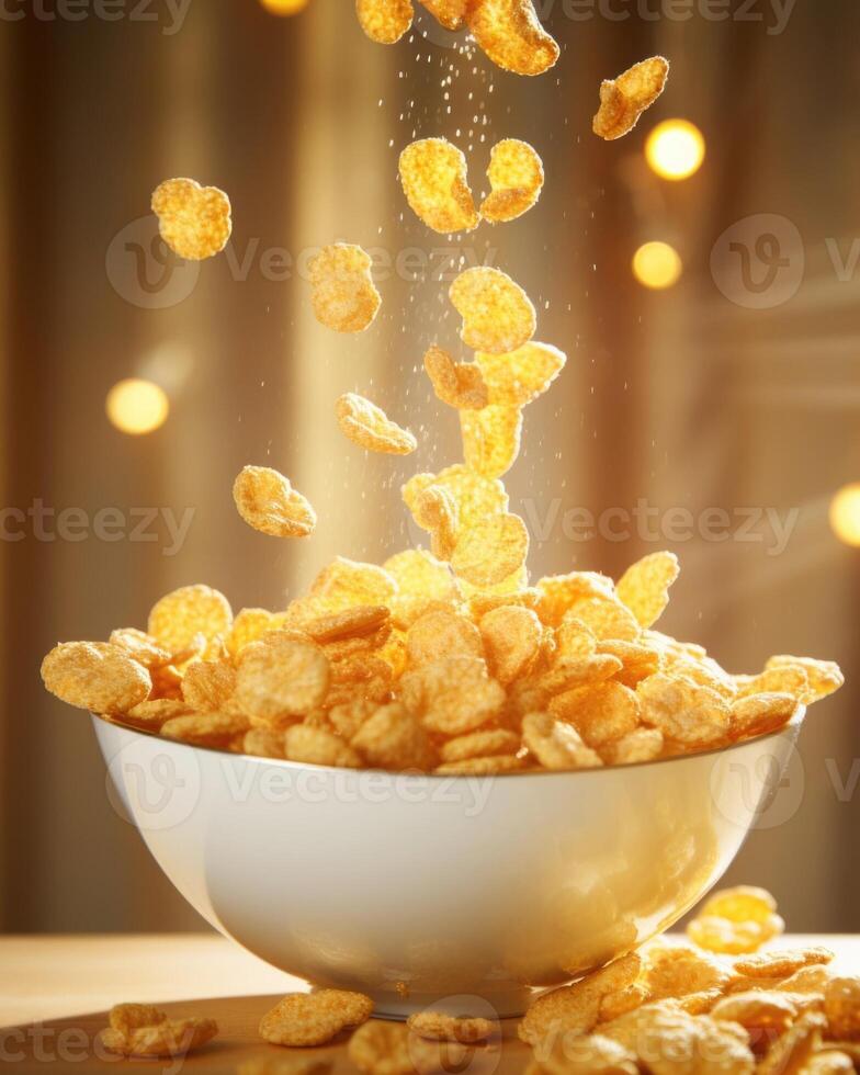 A closeup captures a sful of cereal ped in midair, suspended above the bowl. Golden flakes glisten under the sunlight, highlighting their sweet, sugary coating that promises a delightful photo
