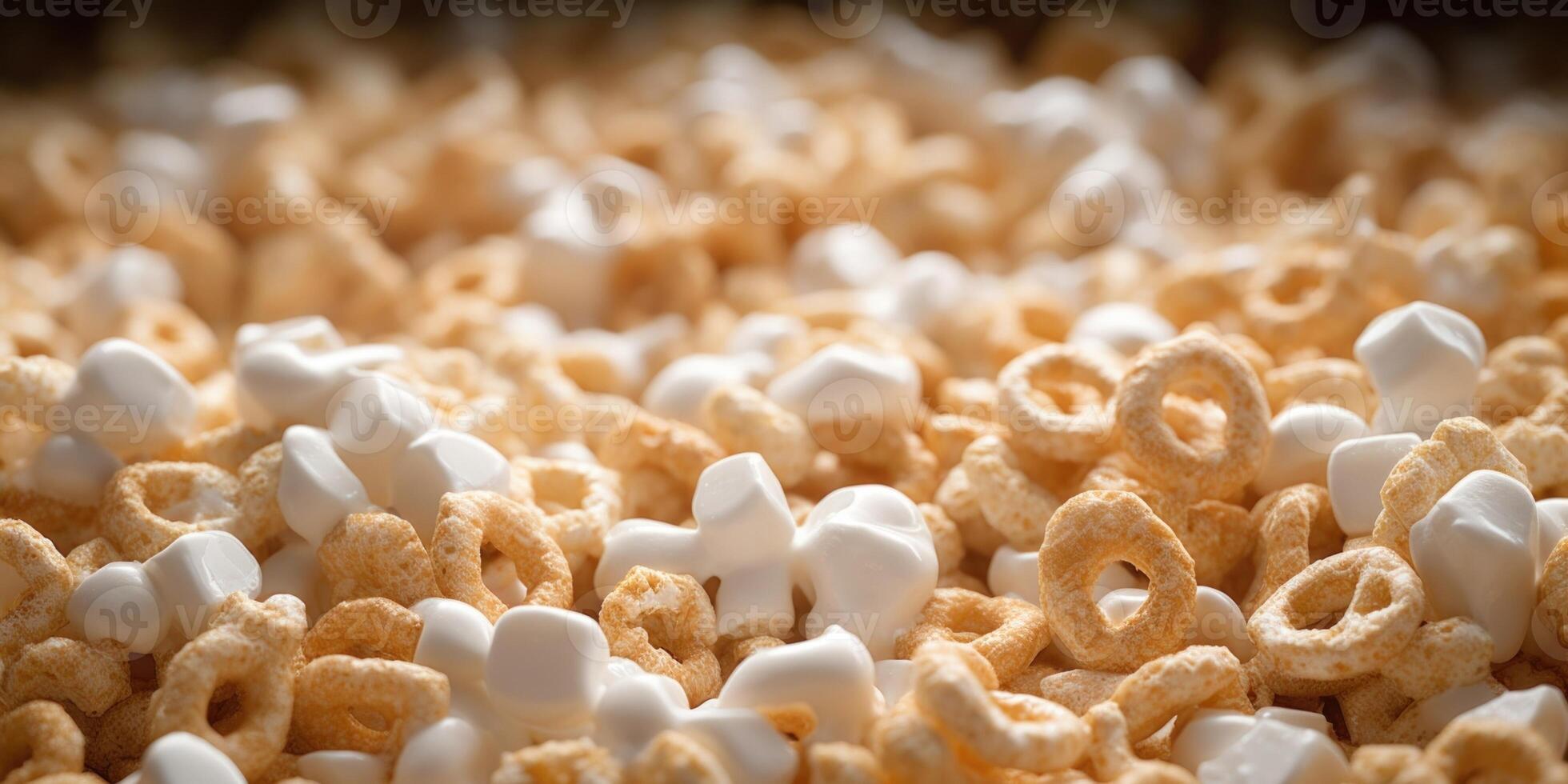 A closeup shot focuses on milky tendrils snaking their way around mini marshmallows, creating a creamy maze in a sea of crispy cereal flakes. The contrasting textures are simply photo