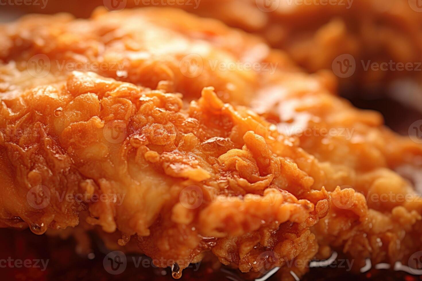 An upclose shot reveals the intricate pattern left behind by the bubbling hot oil as it cooked, resulting in an appealing weblike texture on the irresistibly crispy fried chicken. photo