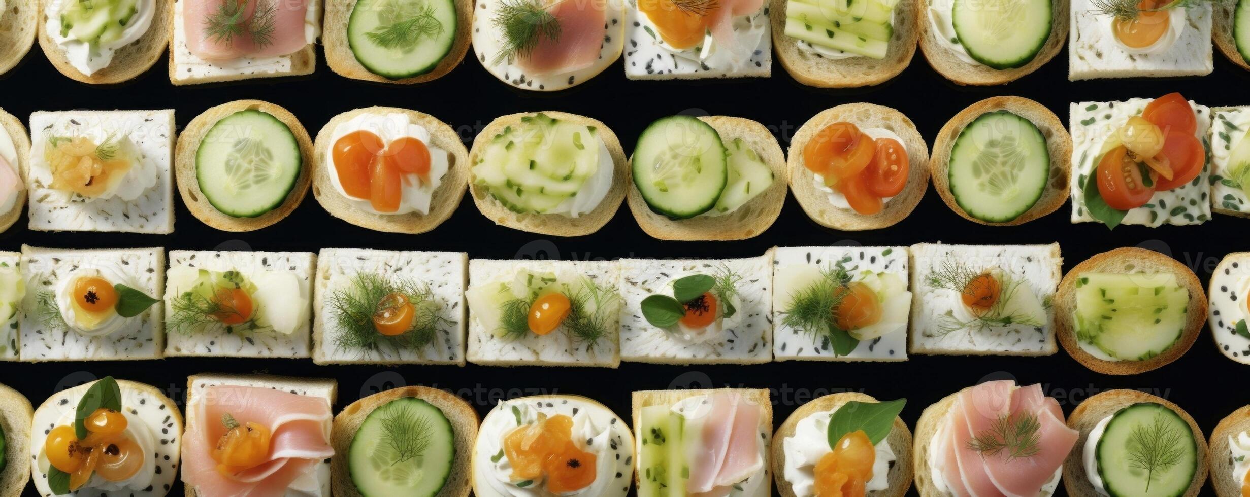 An enticing food shot captures an array of delicate white bread finger sandwiches, artistically arranged and filled with mouthwatering combinations, such as cucumber and dill cream cheese photo