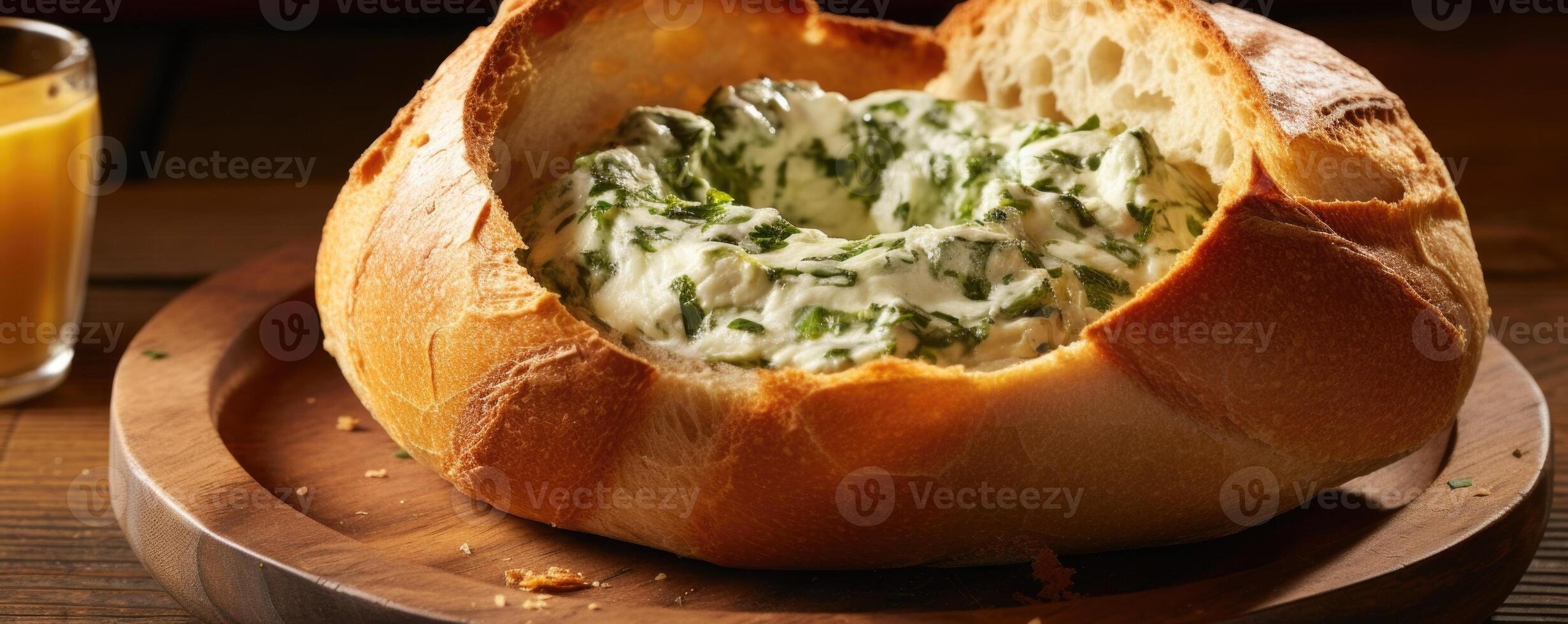 This captivating image showcases a rustic white bread bowl, hollowed out and filled to the brim with a creamy, indulgent spinach and artichoke dip, enticing you to dive in and savor its photo