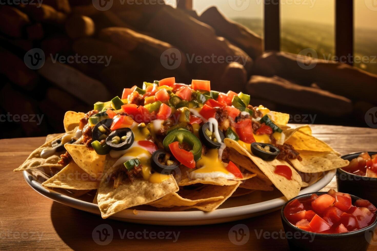 A sight to behold, this mountain of nachos boasts a layer upon layer of irresistible goodness. Triangular corn chips are piled high, covered in a blanket of smooth melted cheese, with photo