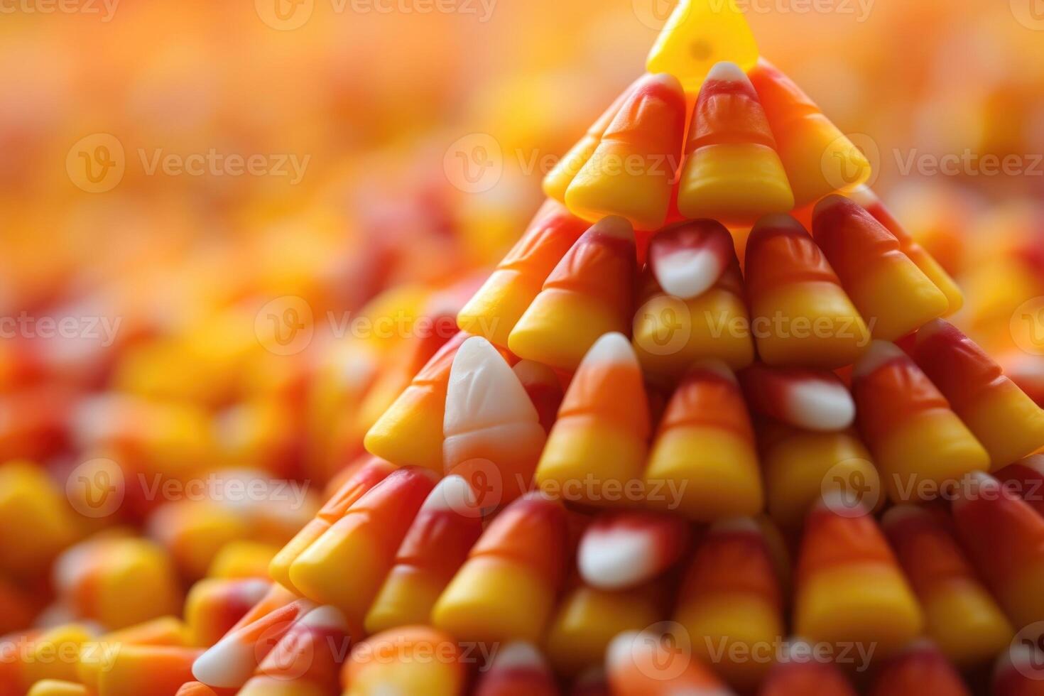 An enticing shot showcasing a stack of candy corn pieces in varying heights. The gradual tapering of each kernel results in a visually appealing triangular shape, while the colors create photo