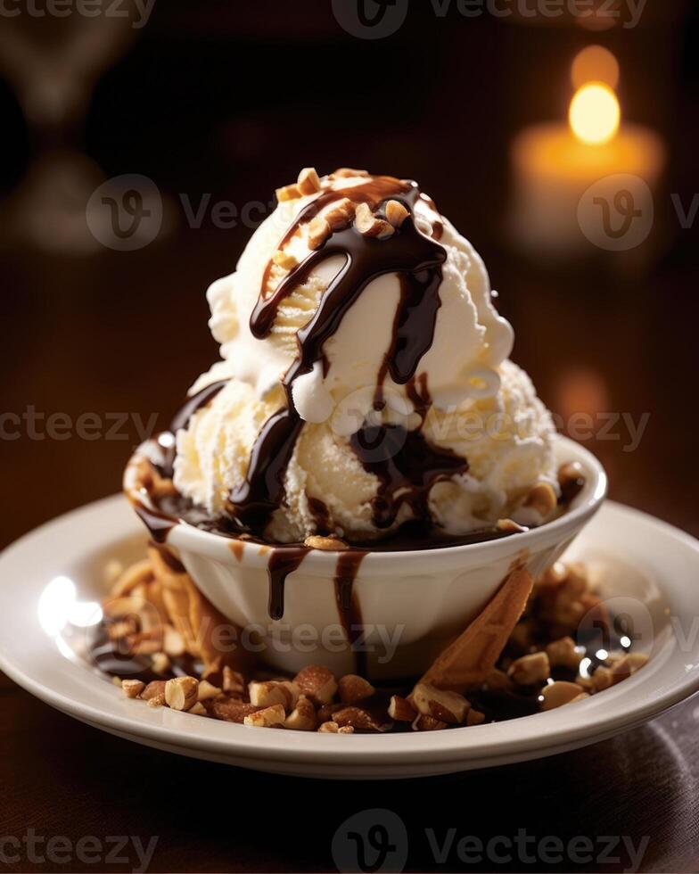 Take a moment to savor this decadent delight. A generous scoop of premium vanilla ice cream is adorned with a river of warm, glossy hot fudge sauce, crowned by a cloud of luscious whipped photo