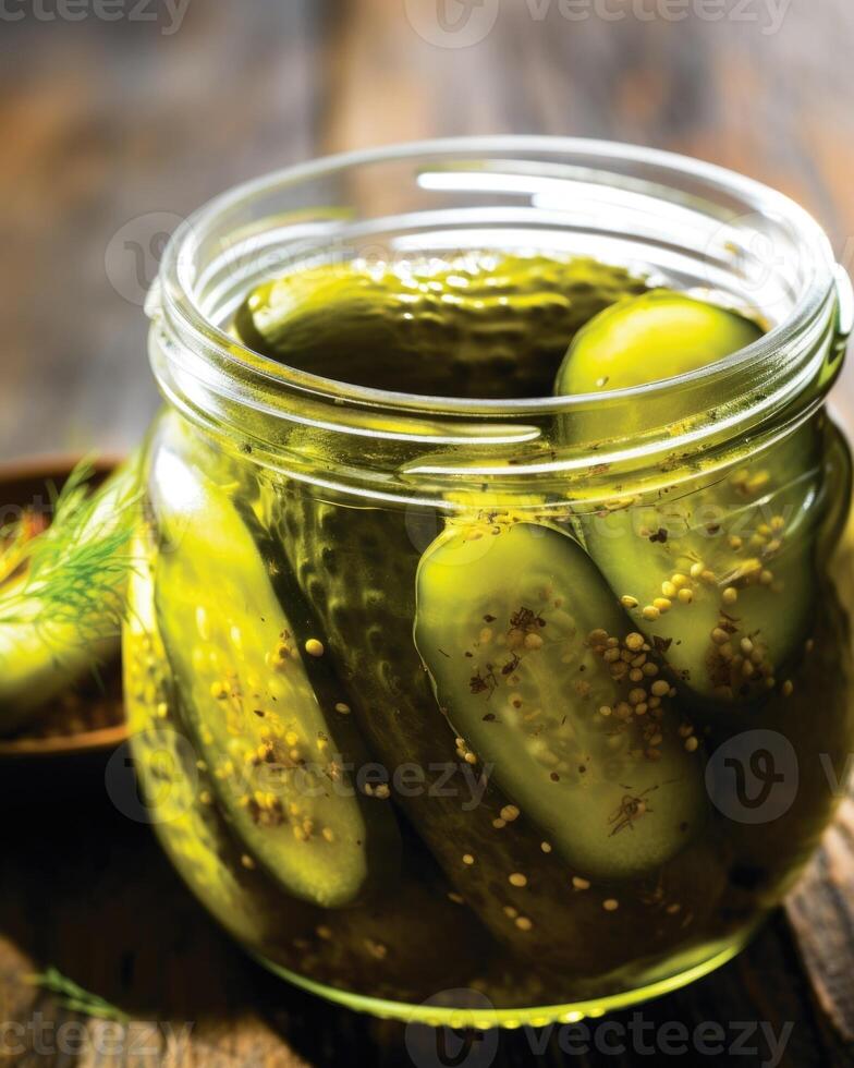 A macro shot focuses on a single gourmet pickle, expertly coated in a layer of dill seasoning. The granules of dill give the pickle an appetizing appearance and promise a burst of fresh photo