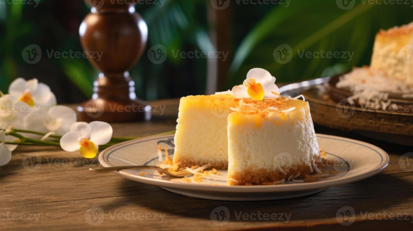 Intricately patterned and subtly sweet, this Japanese cheesecake charms with its delicate crumb structure, flawlessly complimented by a tering of toasted coconut flakes for an added photo
