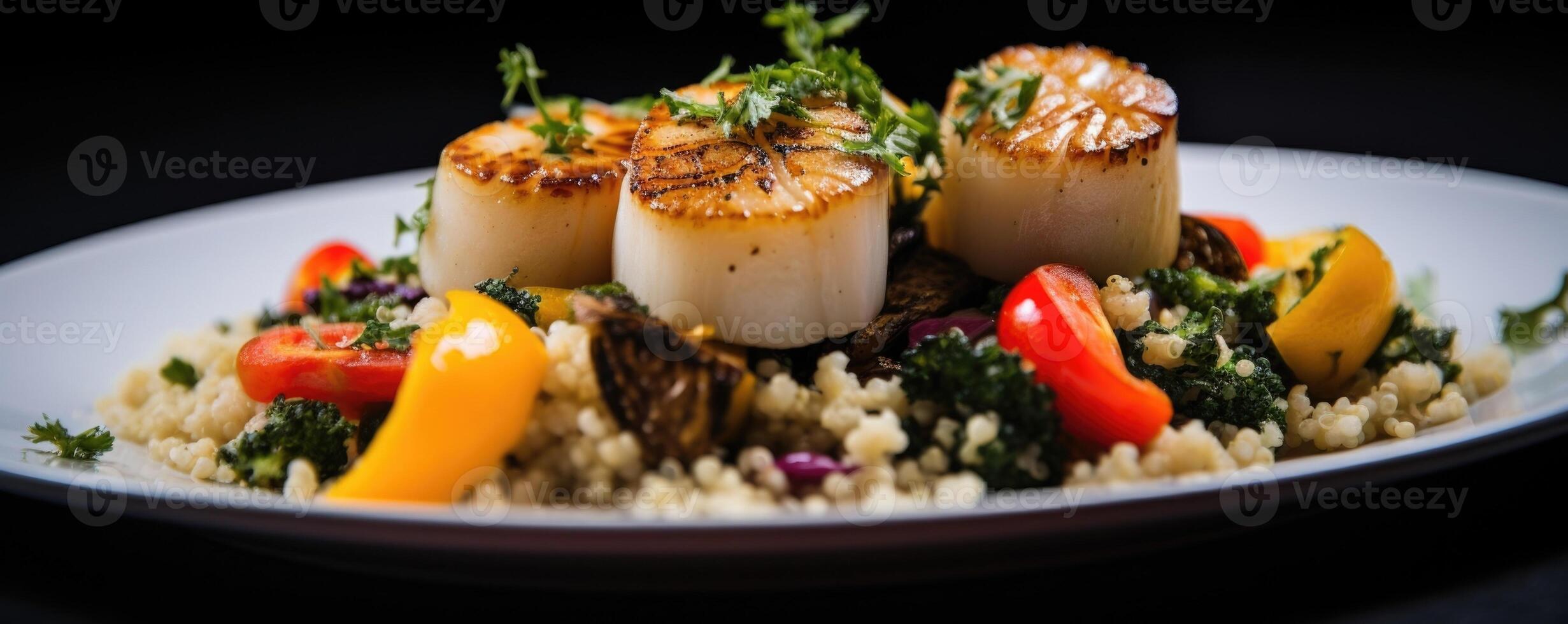 A tantalizing shot capturing the delicate and perfectly seared scallops, served atop a bed of herbed quinoa, complemented by a medley of roasted vegetables and drizzled with a fragrant photo