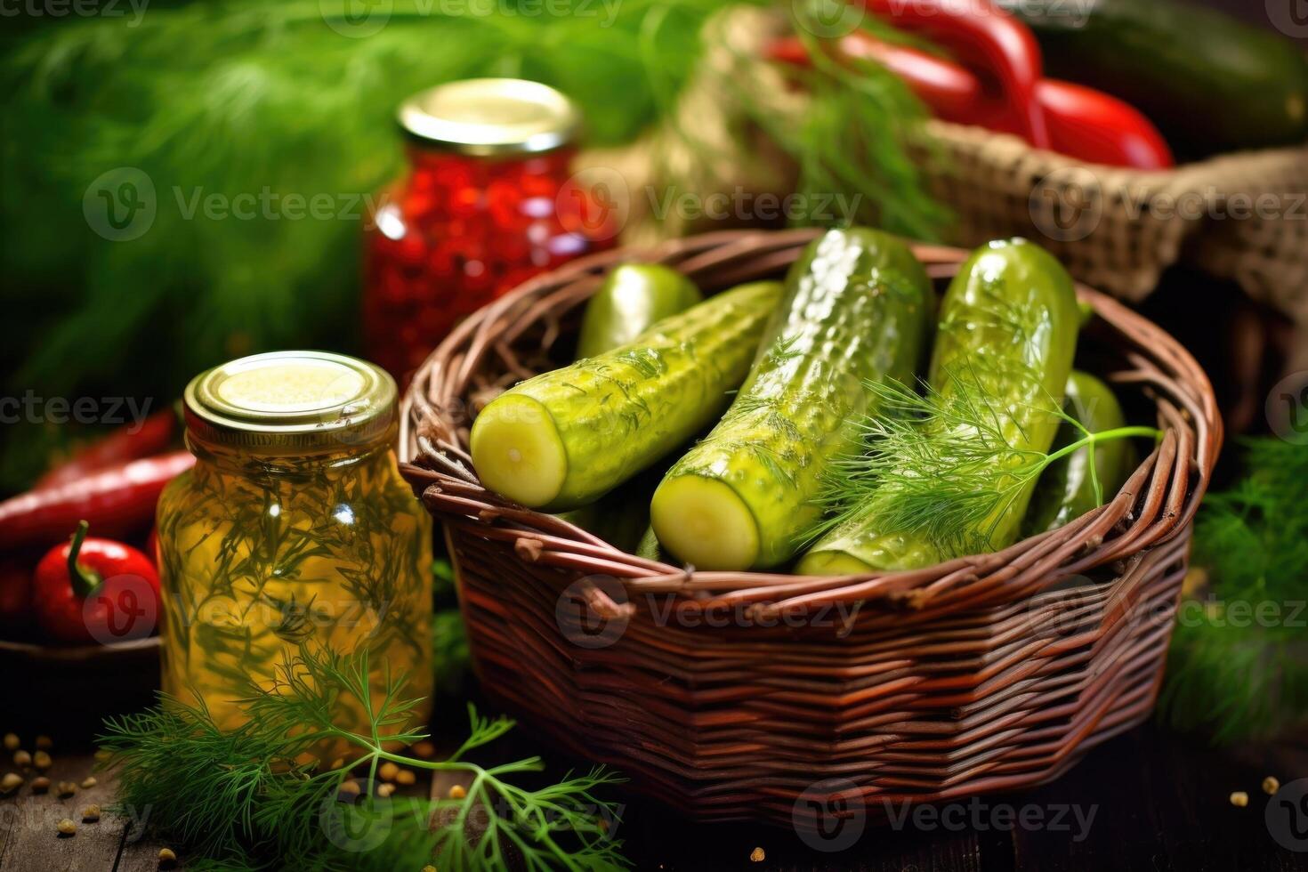A captivating shot of gourmet pickles nestled in a wicker basket, surrounded by sprigs of fresh dill and crushed red pepper flakes, highlighting the carefully curated selection and photo