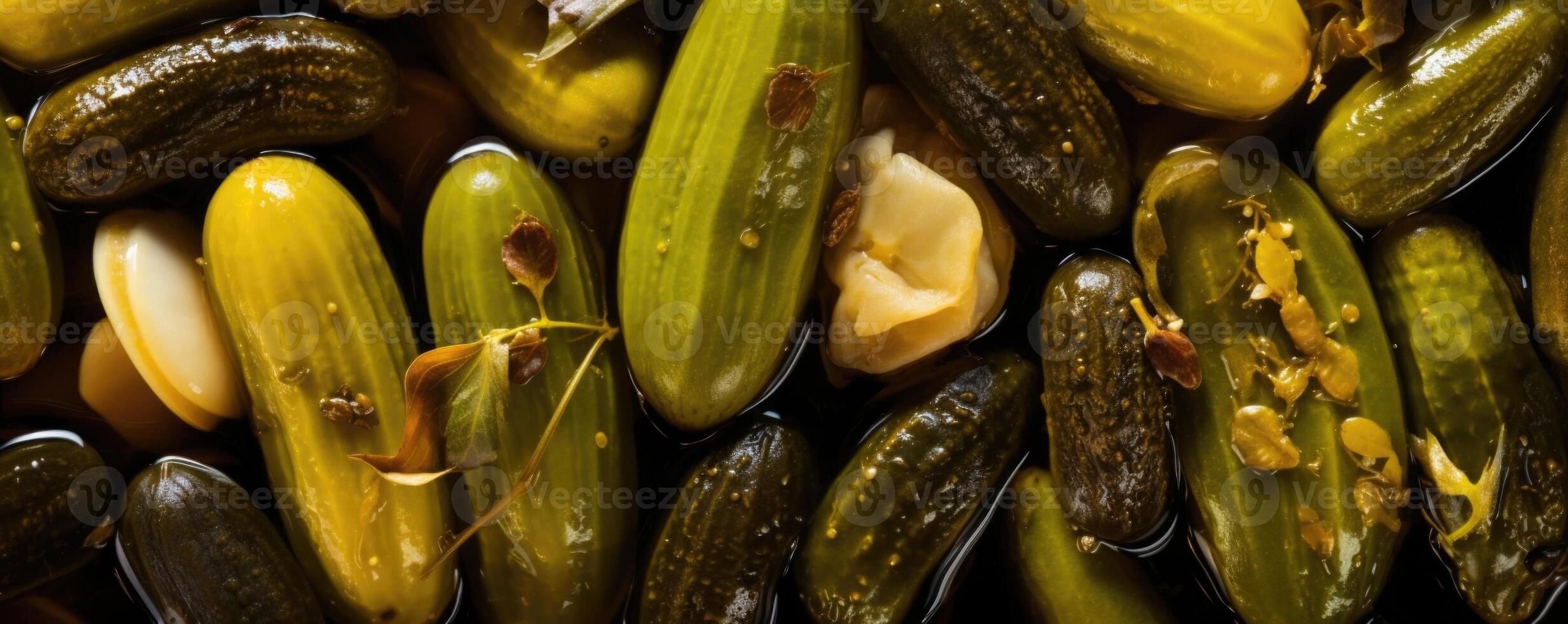 An upclose shot of barrelaged pickles, with a focus on their beautifully textured skin, wrinkled and marbled in shades of olive and brown, hinting at the depth of flavors that have photo