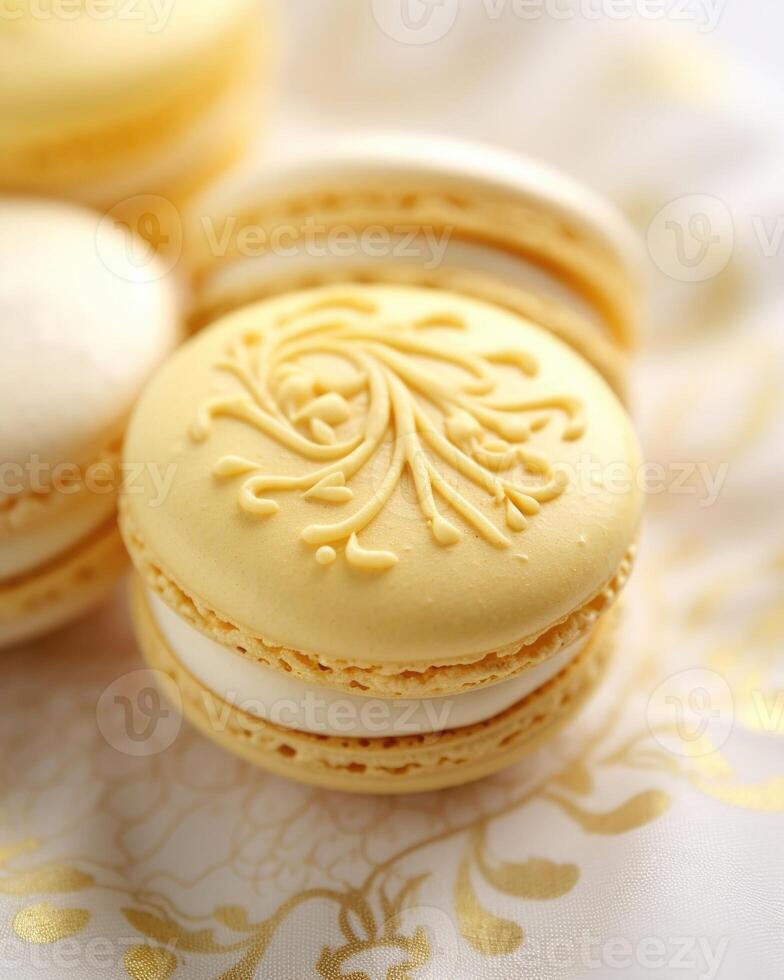 In this closeup shot, a single macaron steals the spotlight with its impeccable presentation. Its pale yellow shell boasts a beautiful pattern of intricate swirls and a light dusting of photo