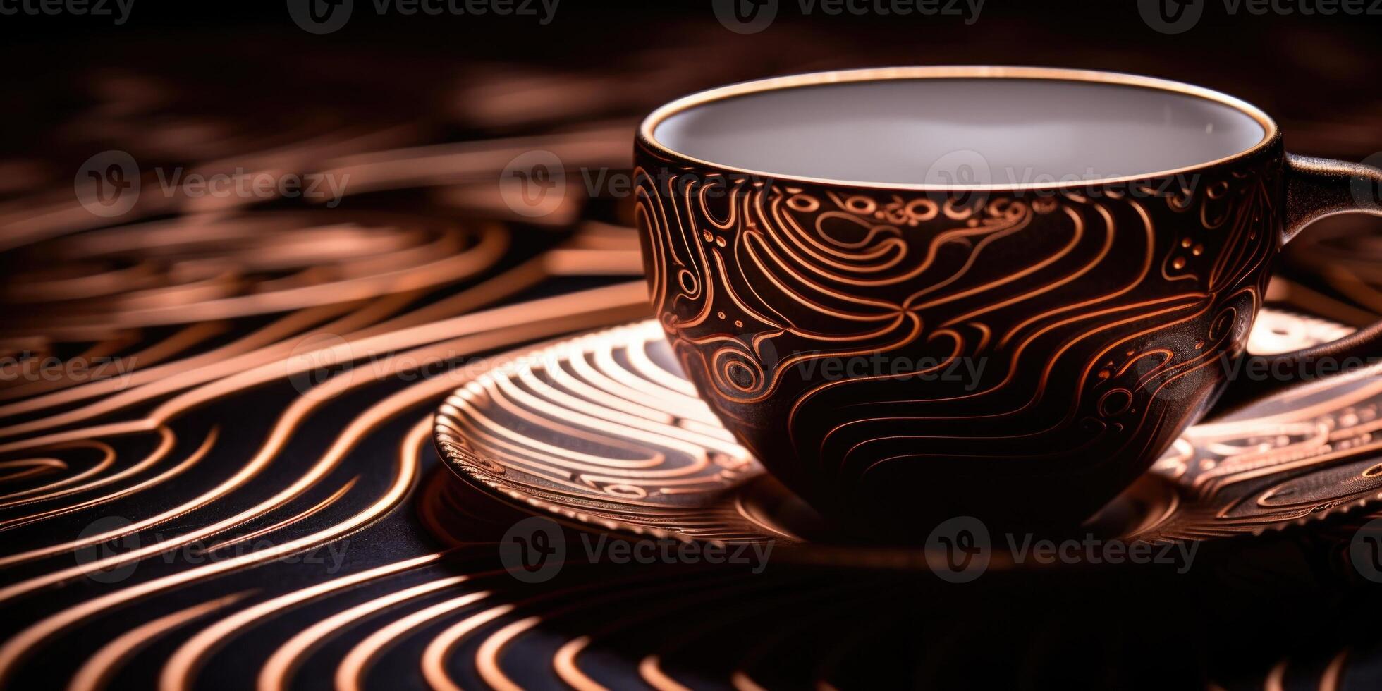 An upclose image captures the mesmerizing patterns formed by the black coffee grounds settled at the bottom of a Turkish coffee cup. The intricate lines and shapes resemble a work of art, photo