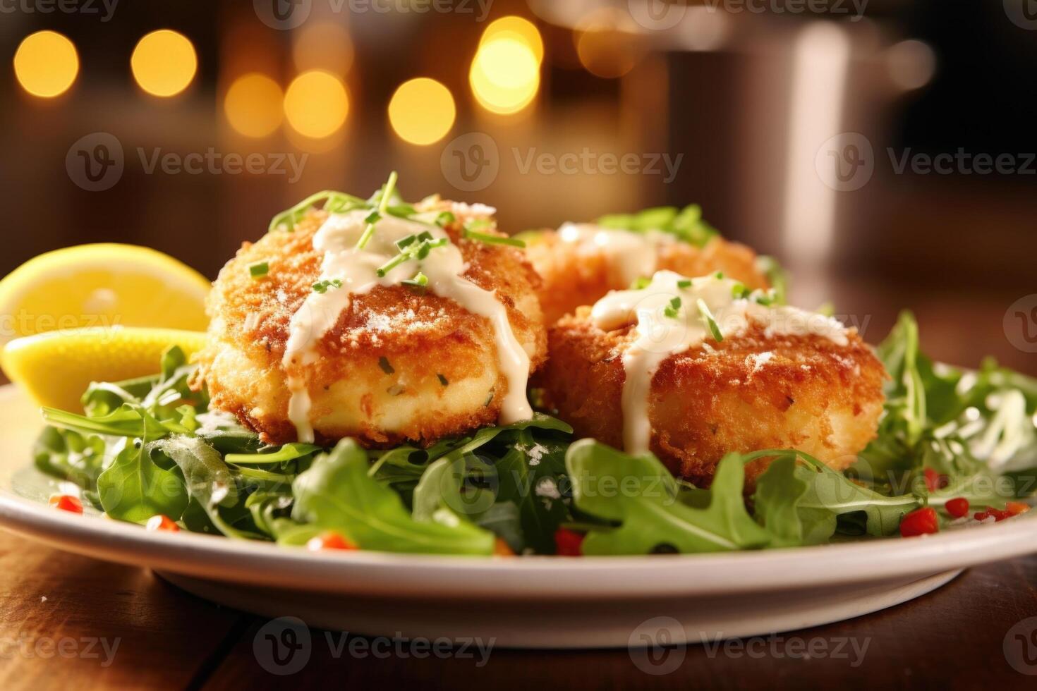 A creative food shot showcases a generous serving of crab cakes, perfectly browned and adorned with a dollop of tangy lemon aioli. The cakes rest on a bed of mixed greens, adding a photo