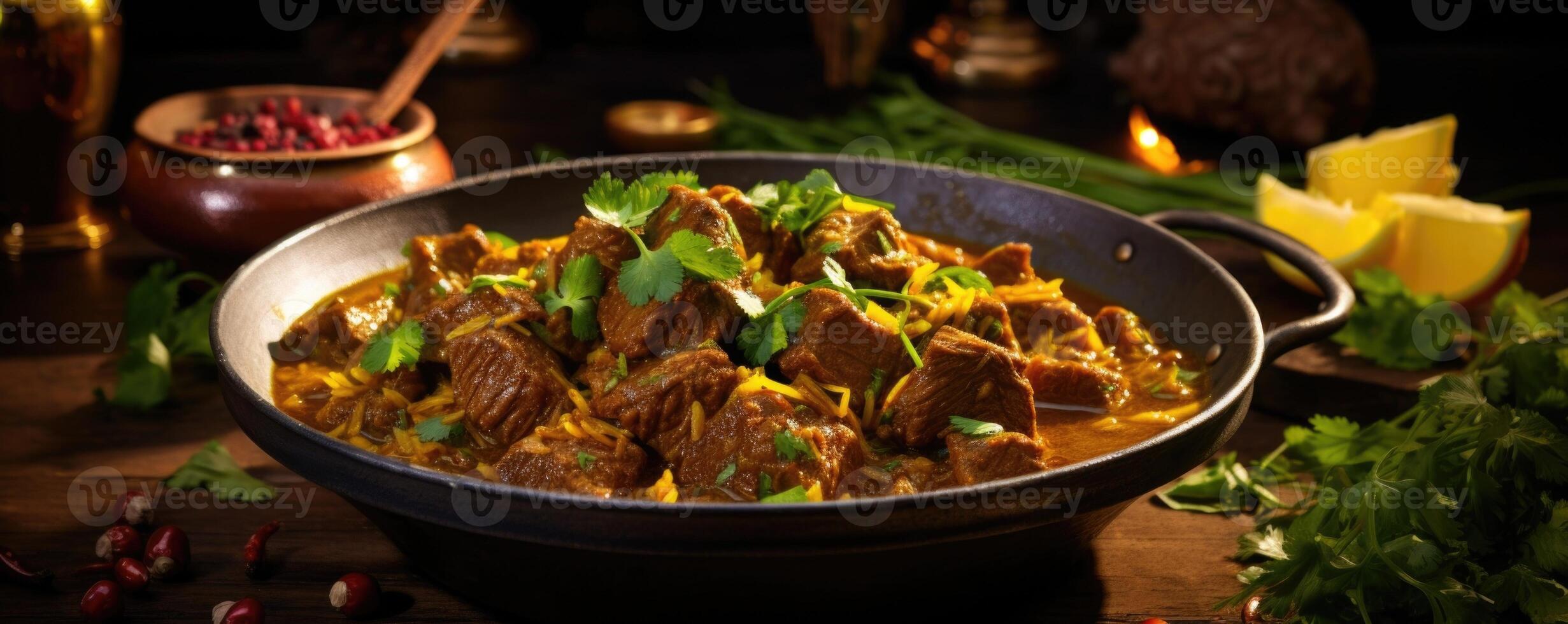 In this visually stunning shot, a serving of aromatic lamb curry takes center stage. The tender chunks of slowcooked lamb are steeped in a fragrant blend of es, with the vibrant yellow photo