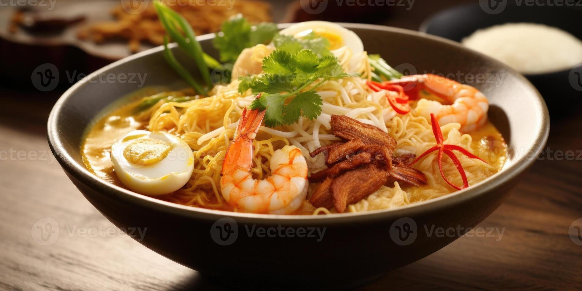 A tantalizing closeup of a piping hot bowl of Curry Mee, showcasing a rich, creamy coconut curry broth packed with vermicelli and yellow egg noodles, slices of succulent chicken, juicy photo