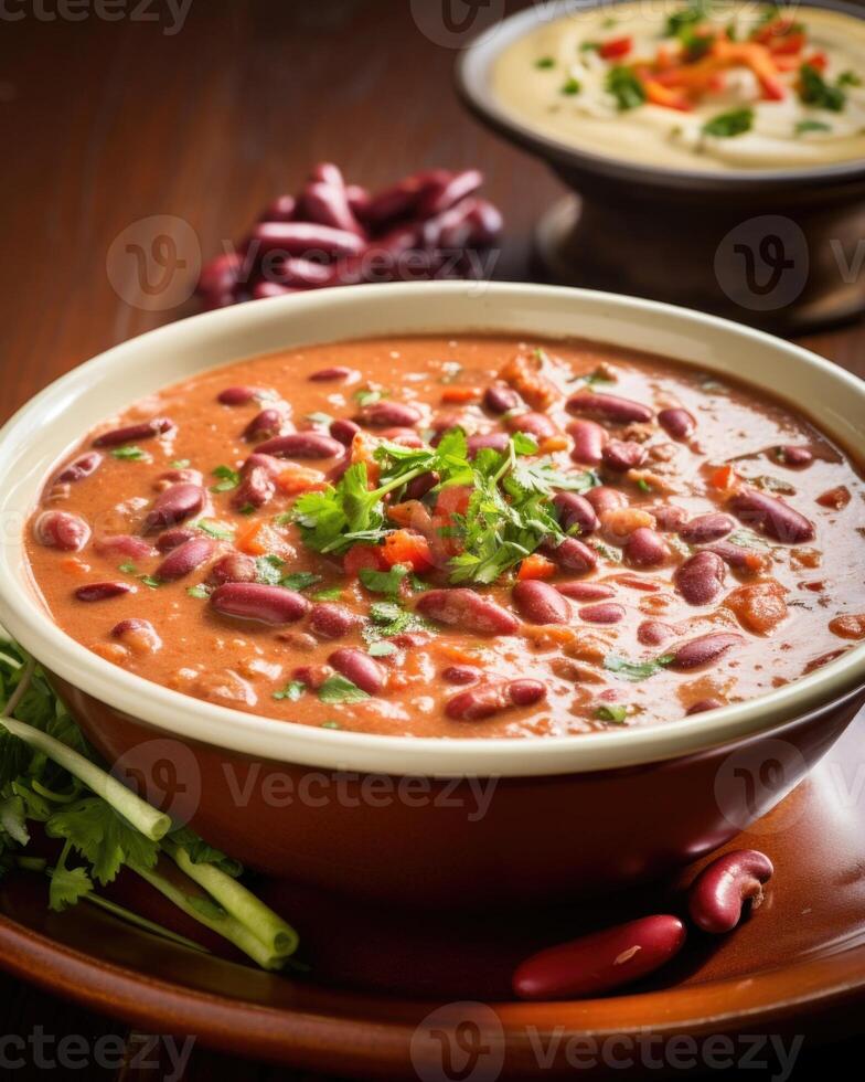 A colorful plate of lobio, a thick and creamy bean stew, adorned with vibrant red beans that have been simmered with onions, garlic, and a blend of es, creating a comforting and flavorful photo