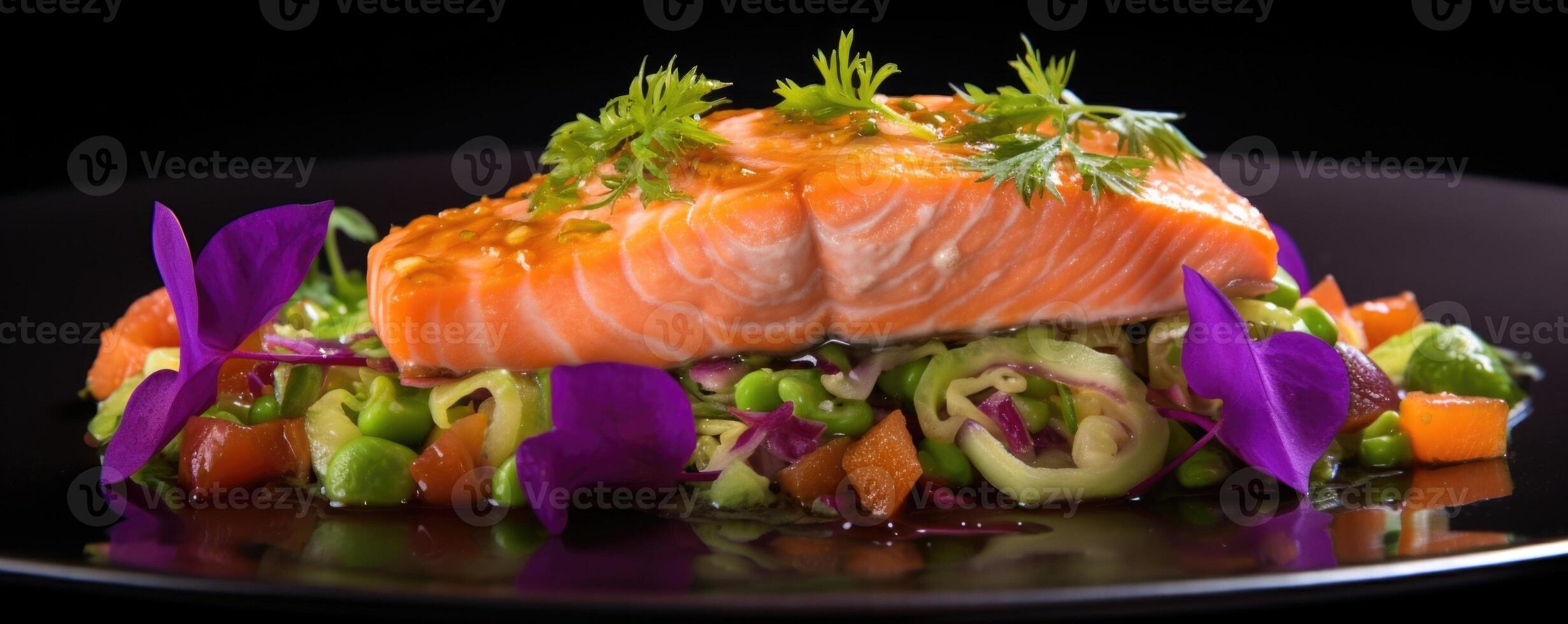 A visually stunning dish featuring cubes of succulent salmon, glistening in a tangy marinade of lime juice, cilantro, and a touch of chili flakes. The vibrant pink fish is surrounded by photo