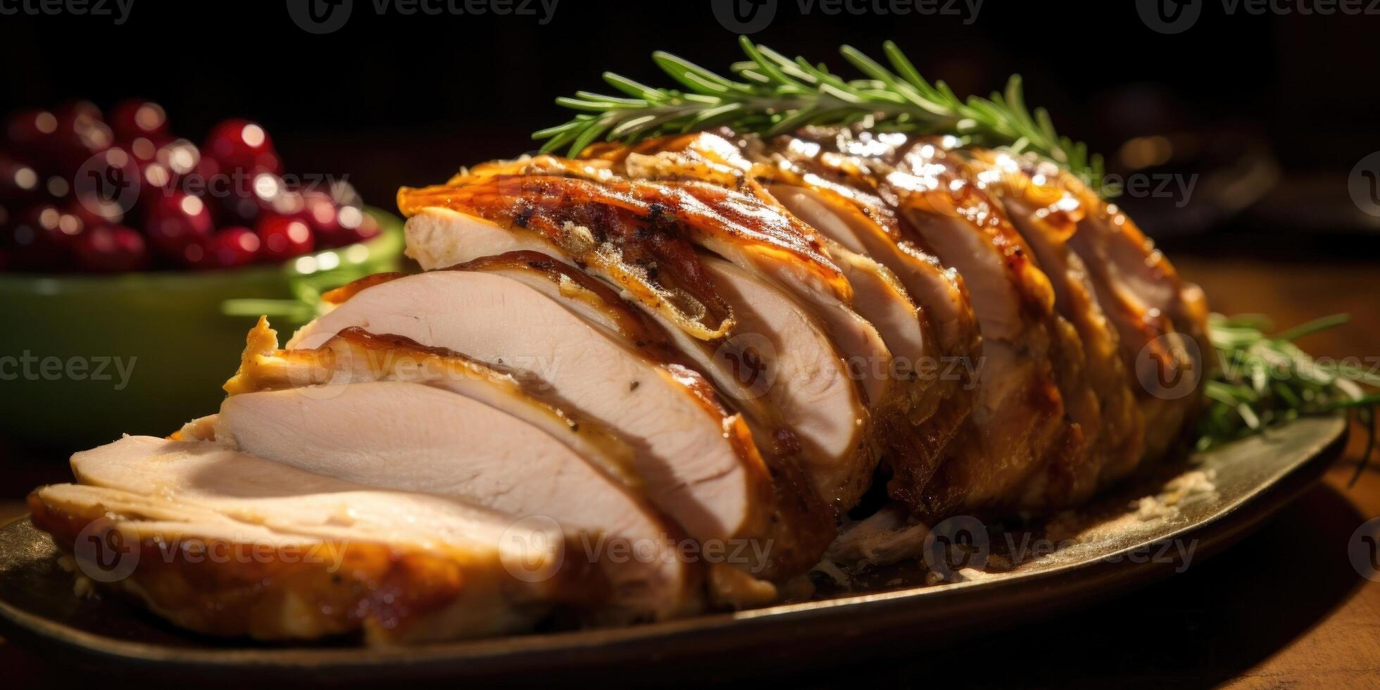 An artistic closeup photograph of a carved slice of roast turkey, showcasing its tender meat and caramelized skin. The stuffing, packed with a medley of herbs, onions, and ery croutons, photo