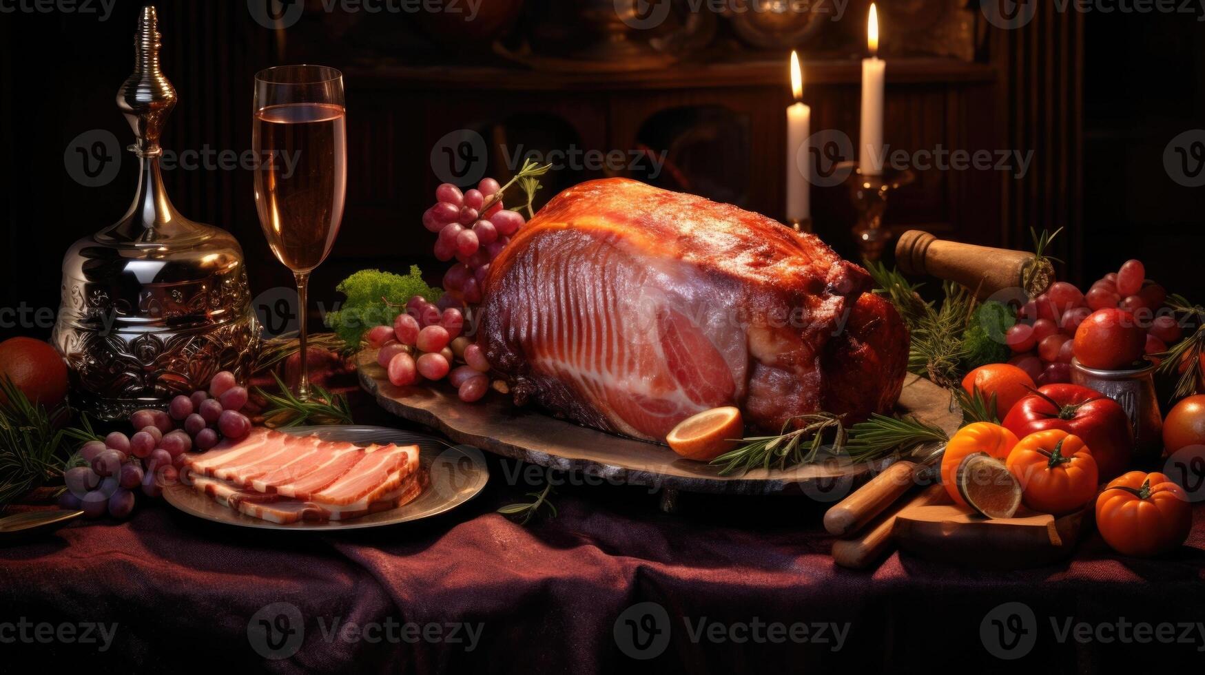 A mouthwatering portrayal of a festive ham, adorned with an intricate, crosshatch pattern, symbolizing hours of careful preparation and resulting in a remarkable balance of flavors and photo