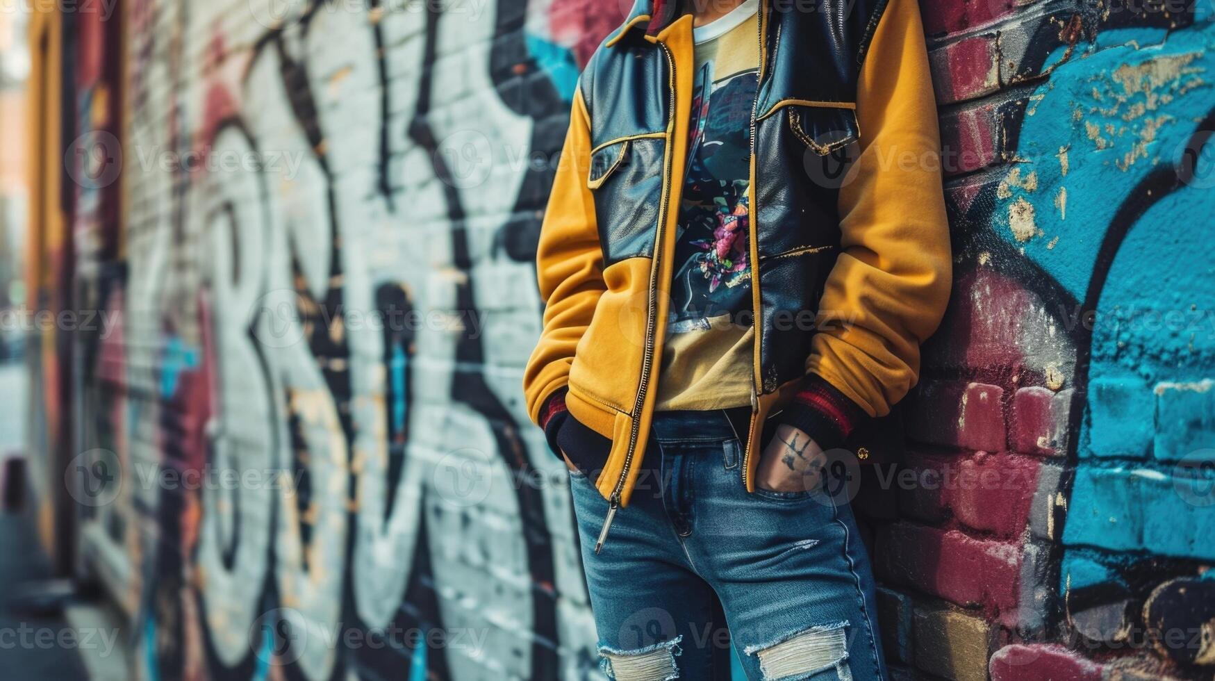 The varsity jacket, leather sleeves and all, brings a touch of old school charm to this contemporary outfit, completed with a playful graphic tee and edgy distressed jeans. photo