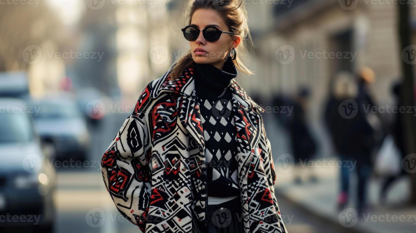 Street style cool A long varsity coat in a bold print, paired with an oversized turtleneck sweater and distressed black skinny trousers for a cool and edgy street style look. photo
