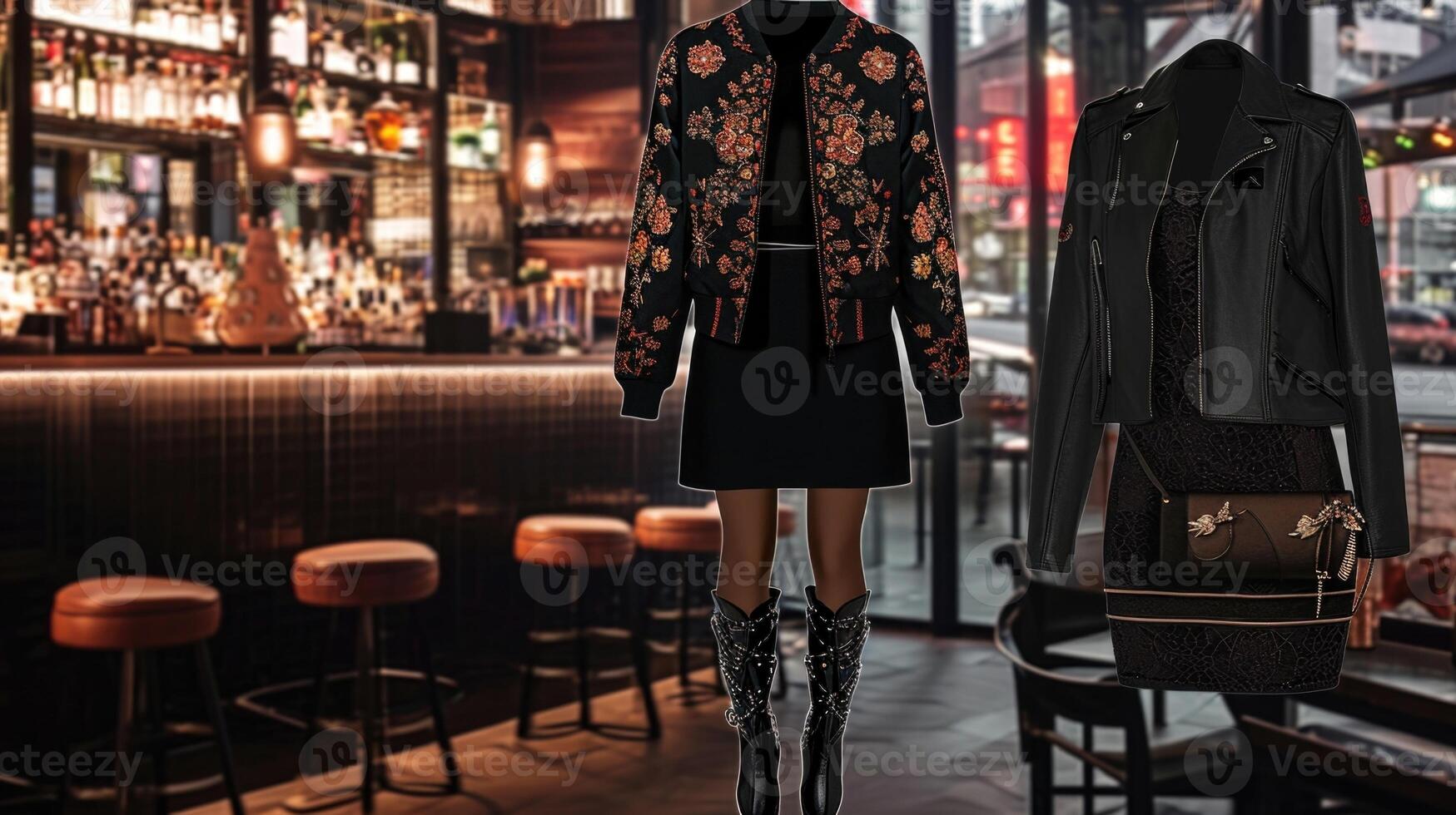 Edgy Elegance This ensemble features a stylish embroidered varsity jacket with a midi bodycon dress and edgy ankle boots, perfect for a night out on the town. photo