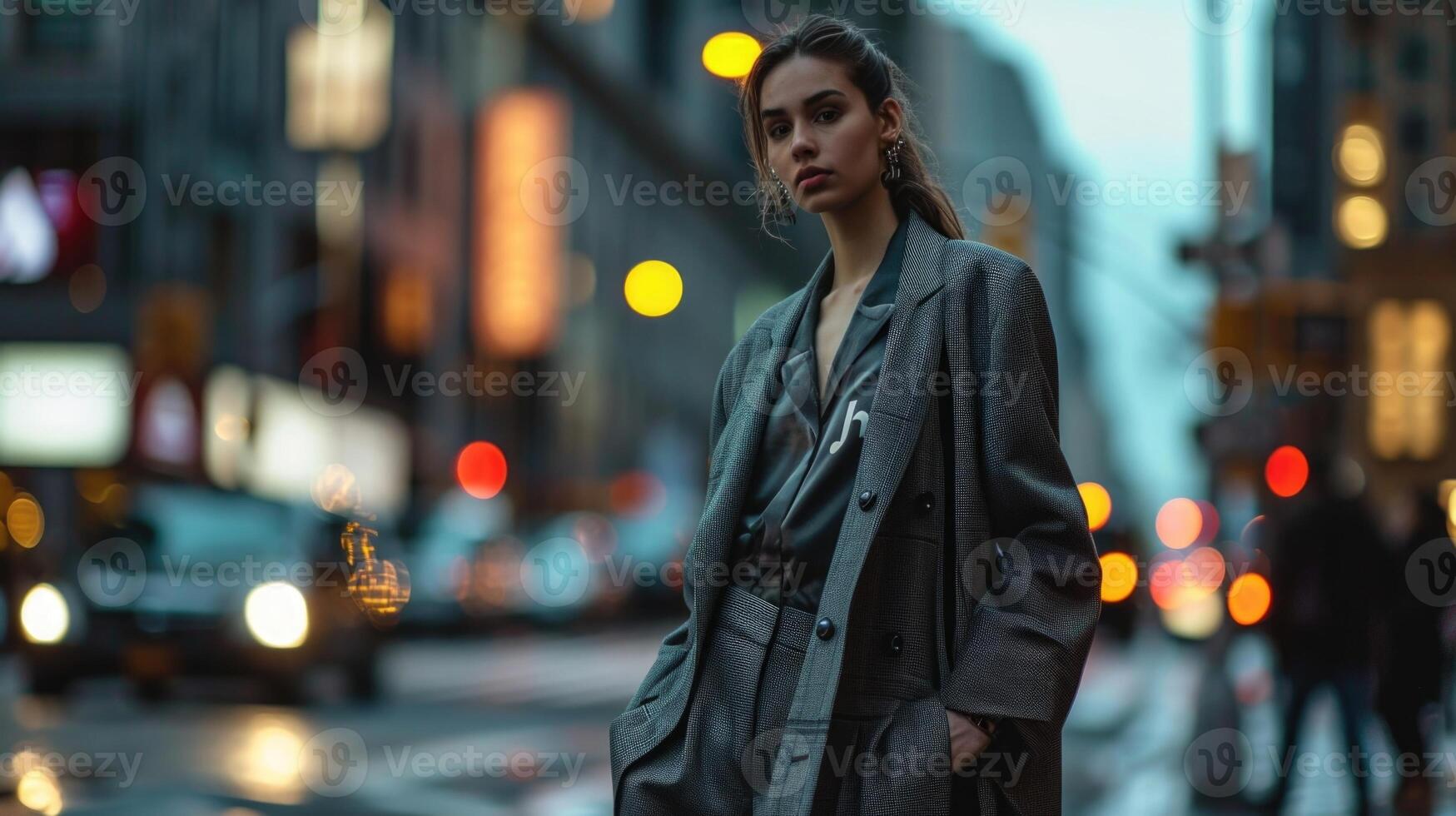 A bold and statementmaking outfit, featuring an oversized grey blazer, a neutral graphic tee, and dramatic wideleg trousers for a modern twist. photo