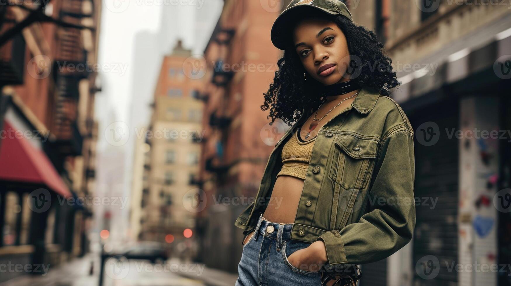 The varsity look gets a stylish update with a vintage jacket, a cropped bandeau, and highrise flare jeans. photo