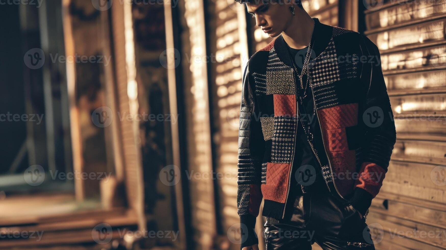 Mix and match patterns and textures with a patchwork varsity cardigan, graphic tee, and leather pants for a bold and edgy fashion statement. photo