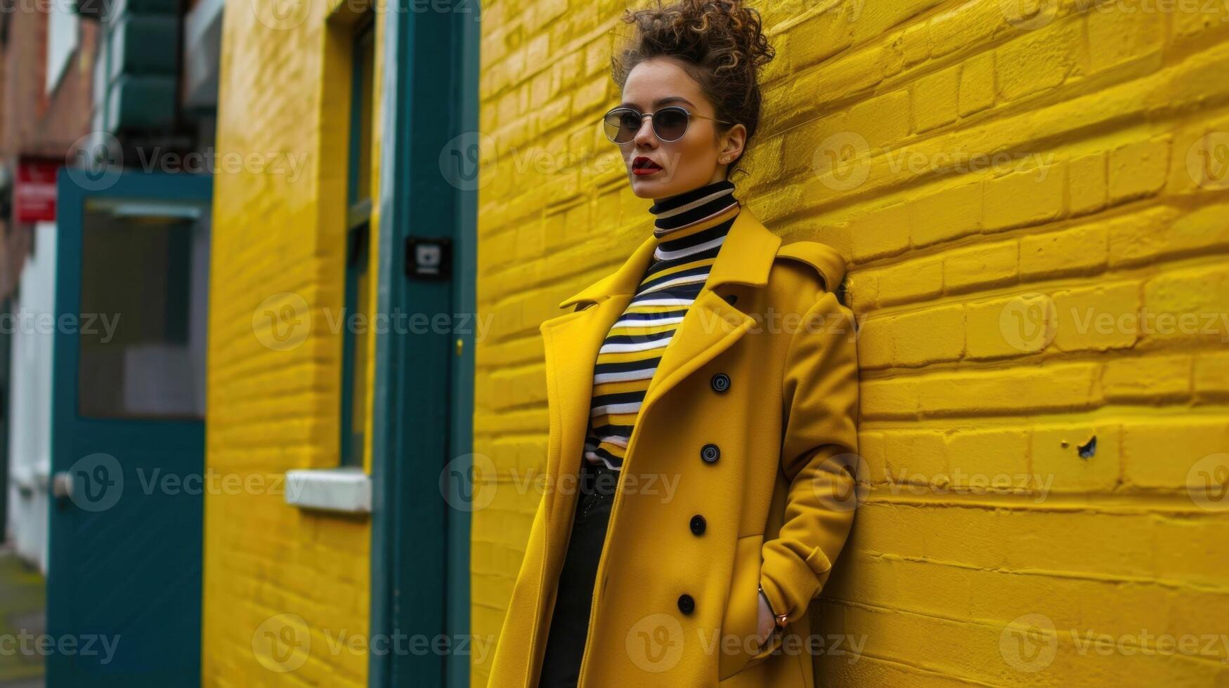Retro and playful A vintageinspired long varsity coat in a bright mustard color paired with a striped turtleneck sweater and highwaisted skinny trousers for a playful yet retro look. photo
