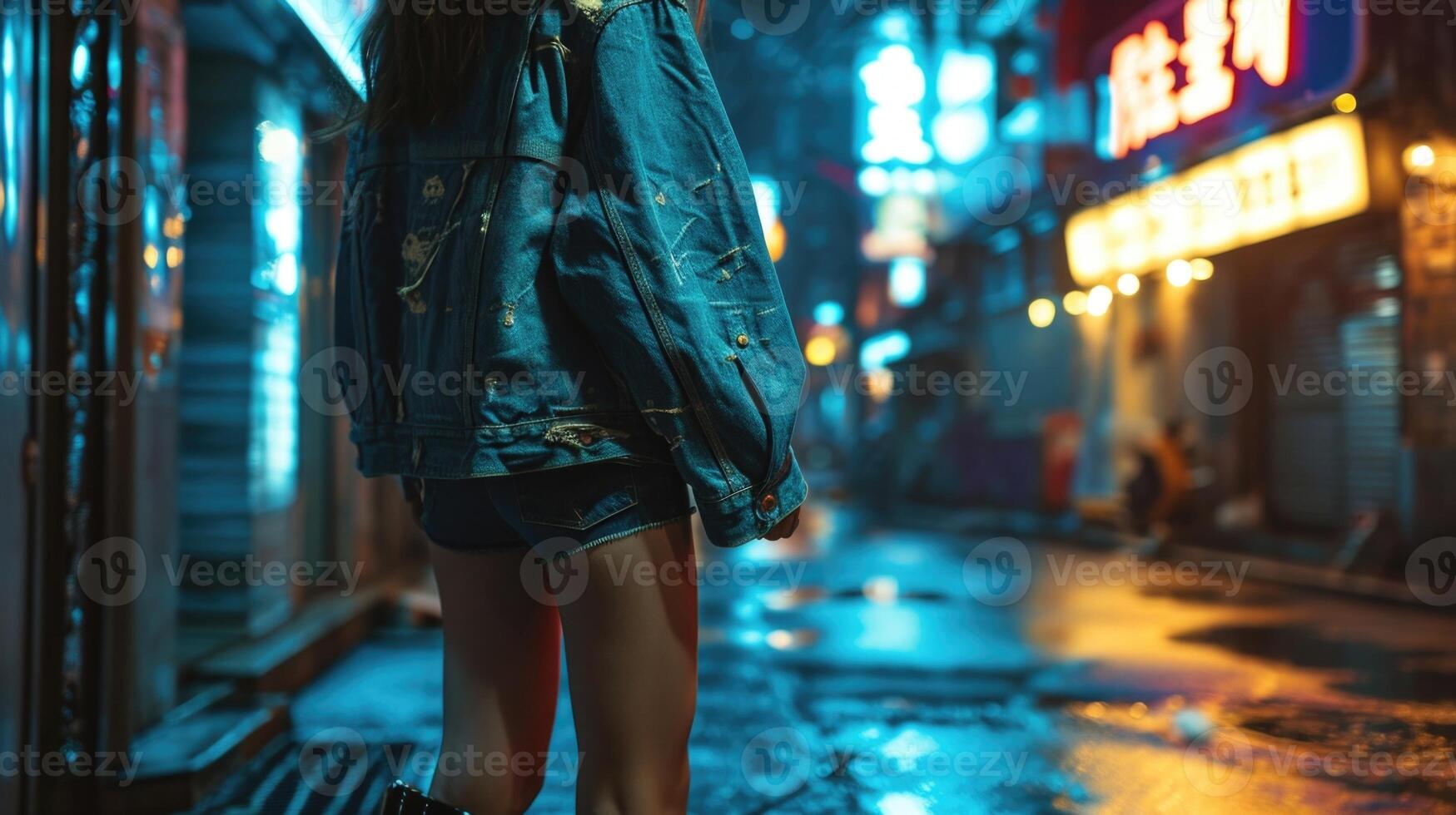 Channeling a rebellious vibe, this oversized denim bomber jacket adds a touch of edginess to a e mini dress and daring kneehigh boots. photo