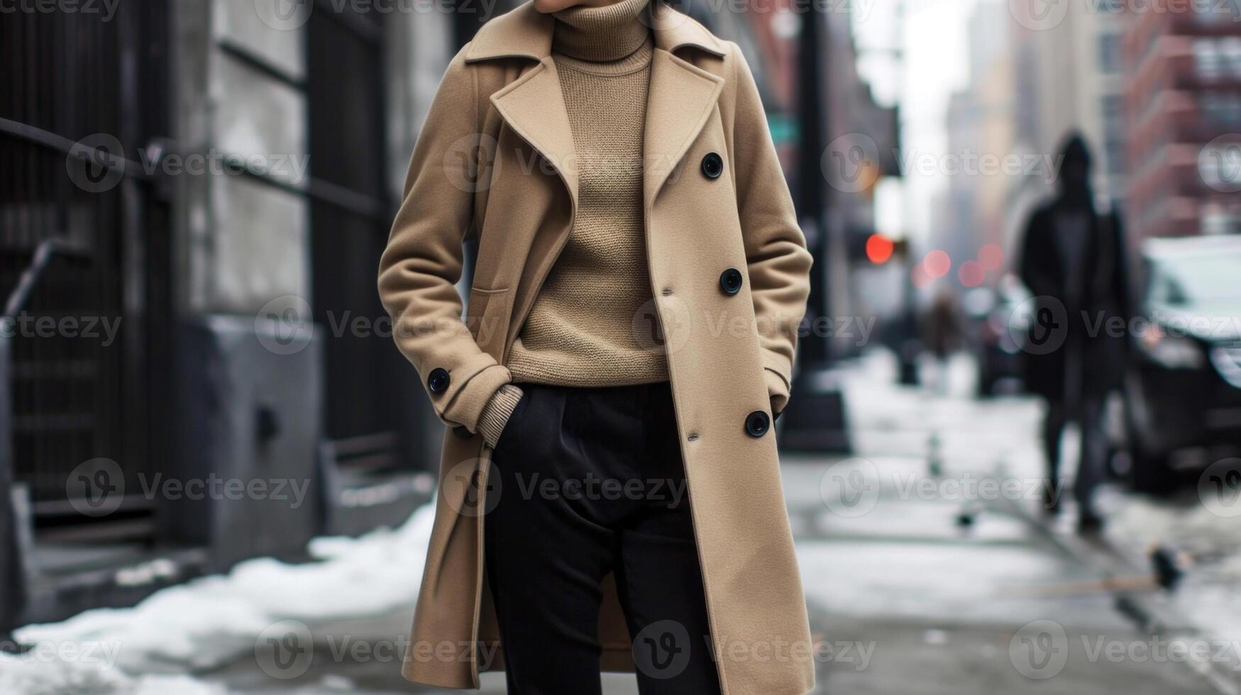 Laidback and relaxed A lightweight long varsity coat in a neutral color over a slouchy oatmeal turtleneck sweater and comfortable black skinny trousers. photo