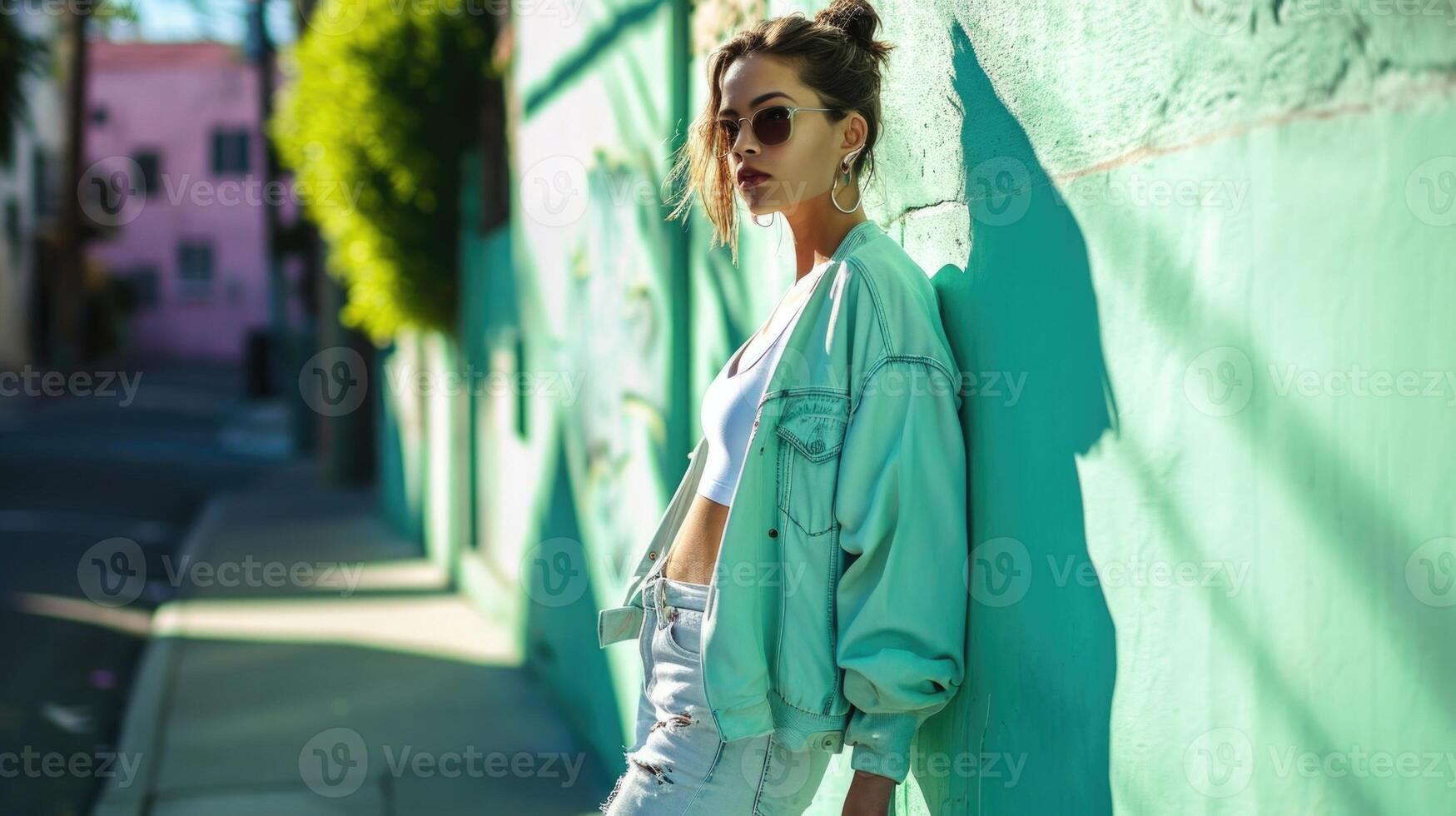 Pretty in Pastels Step into spring with a mint green cropped varsity jacket, a flowy white tank top, and distressed boyfriend jeans for a feminine and playful outfit. photo