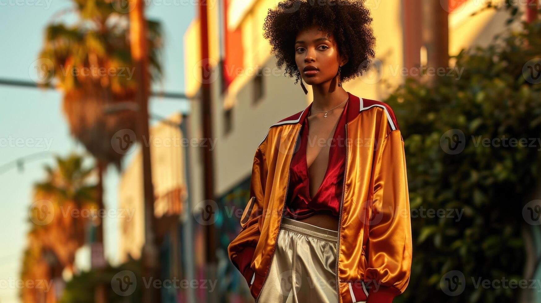 Bold and Beautiful The bold pops of color in the satin varsity bomber and silk camisole stand out against the neutral tones of the palazzo pants. photo