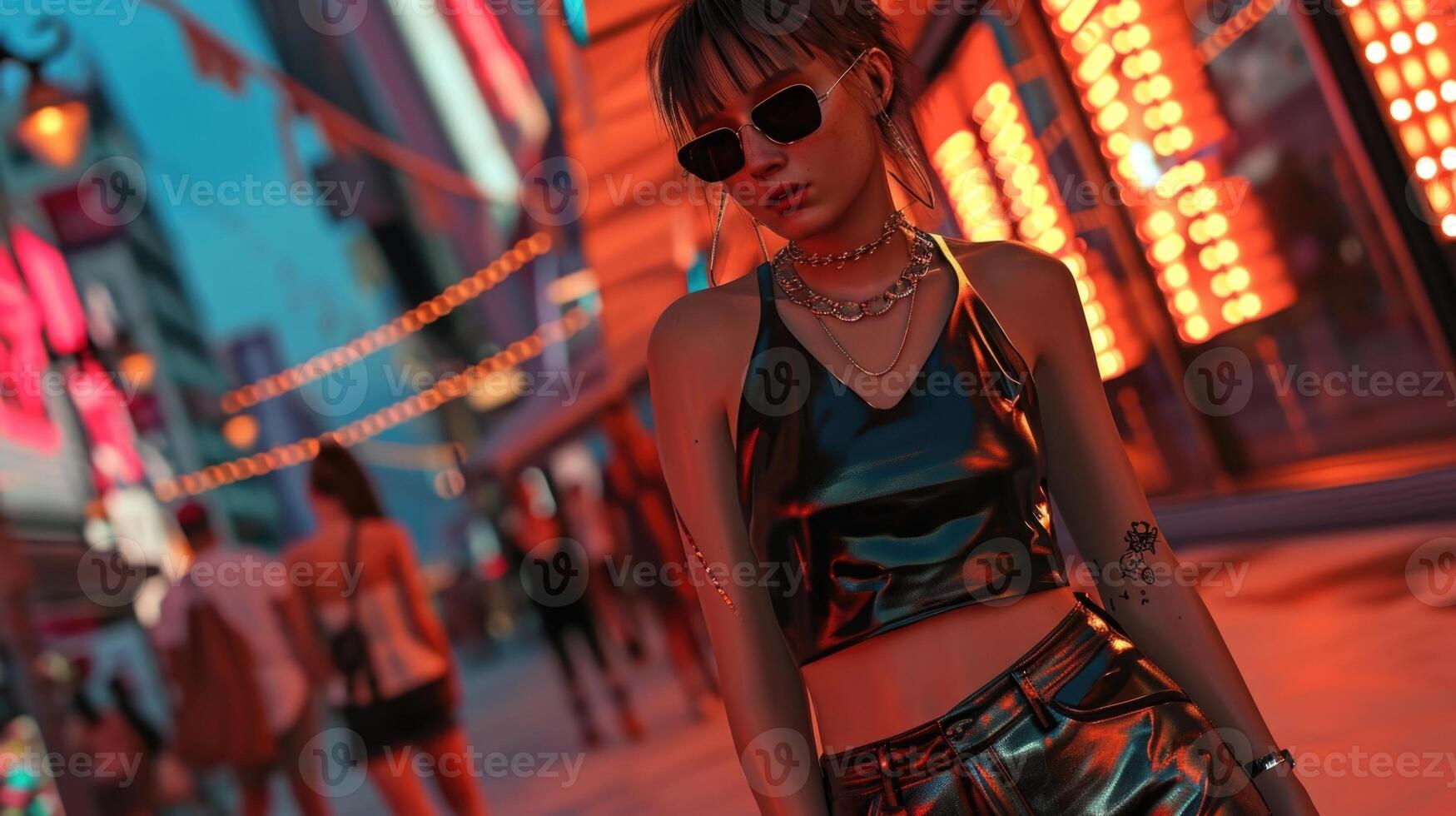 Festivalready Make a statement at your next festival with this fashionforward look. The metallic leather shorts add a touch of fun and the black bodysuit keeps it chic. The heeled sandals photo