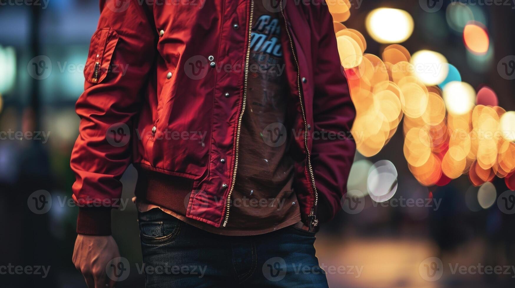 Casual and confident Dress down in style with a red bomber jacket, graphic tee, and slightly distressed dark jeans. photo