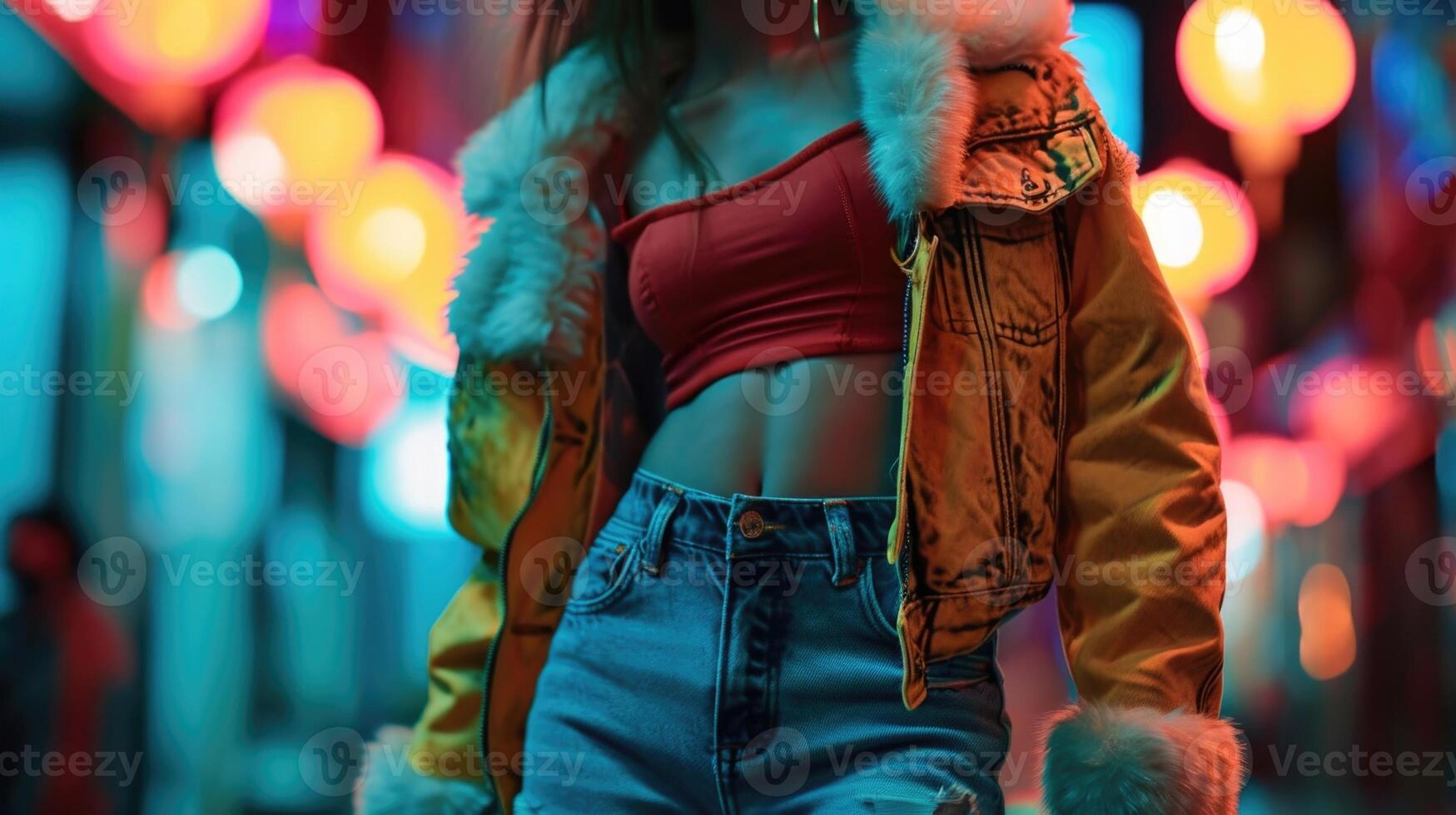 Embrace the noughties trend with a colorful faux furtrimmed moto jacket, paired with a crop top, lowrise jeans, and chunky sneakers for a playful and nostalgic look. photo