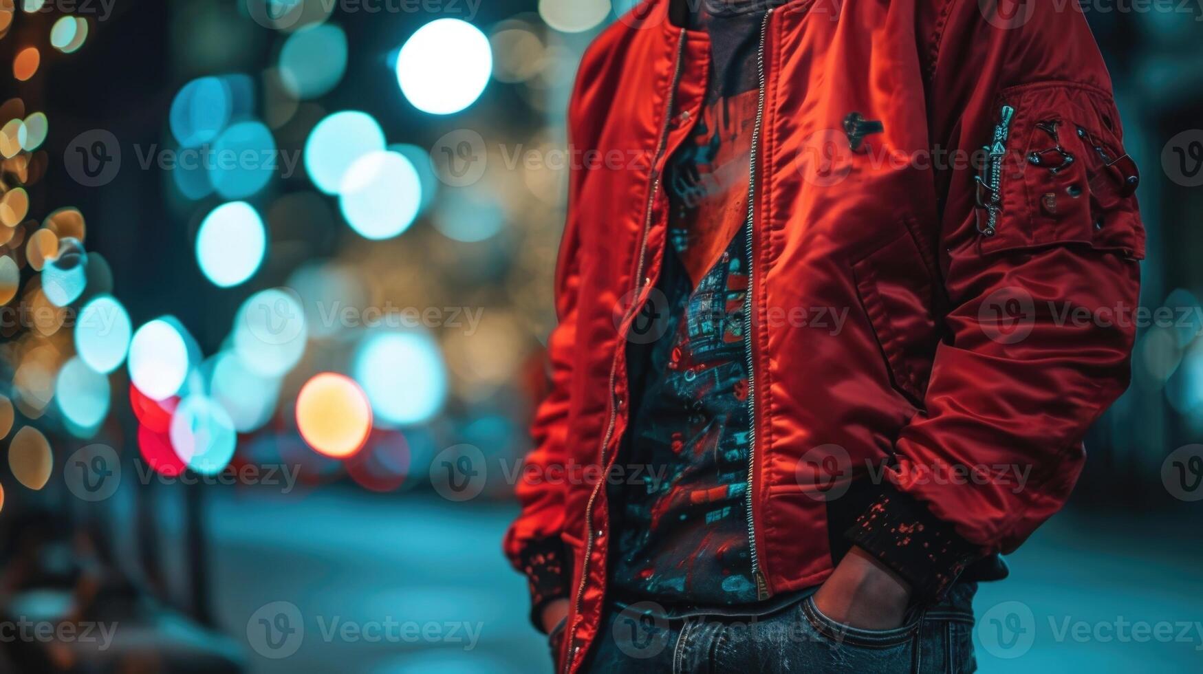 Rockstar vibes Channel your inner rebel with a bold red bomber jacket, graphic tee, and ripped black denim. photo