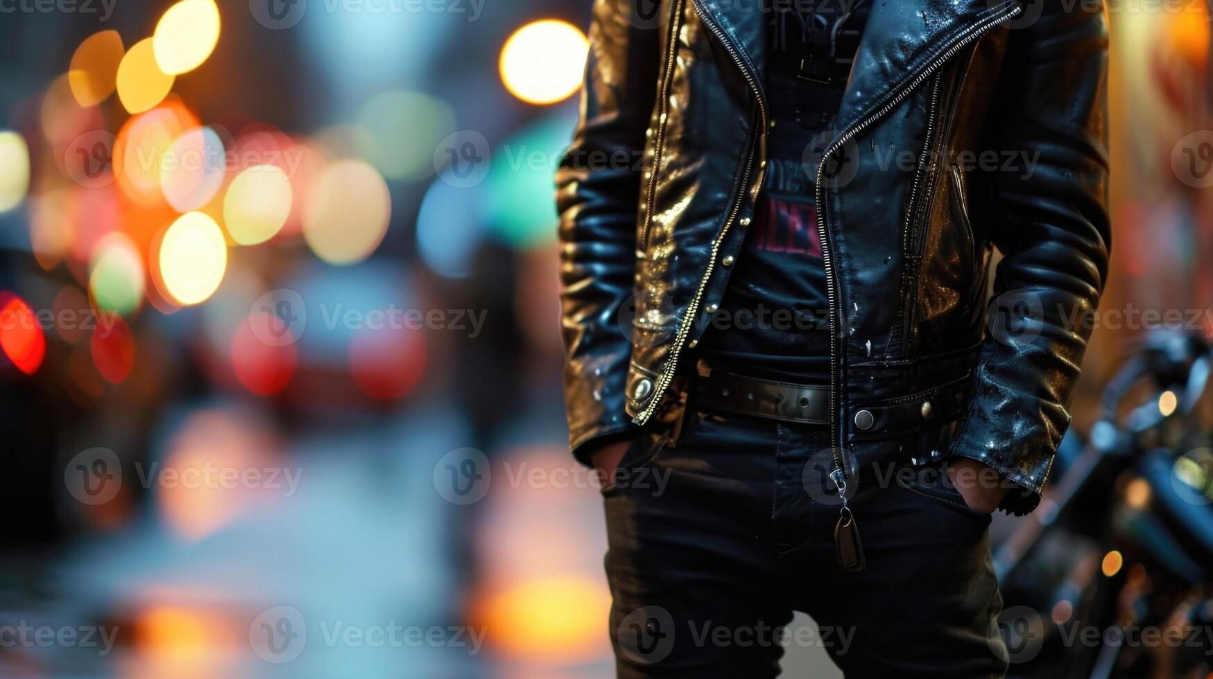 elevate your style with a classic leather jacket, graphic tee, and black slimfit pants for a versatile and modern look. photo