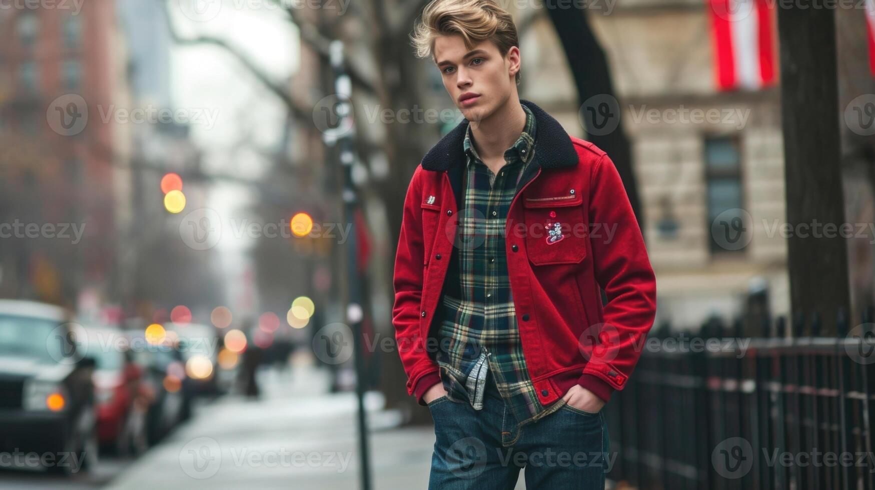 Bring a touch of collegiate style to your wardrobe with a wool varsity jacket, oversized flannel shirt, and timeless straightleg denim. photo